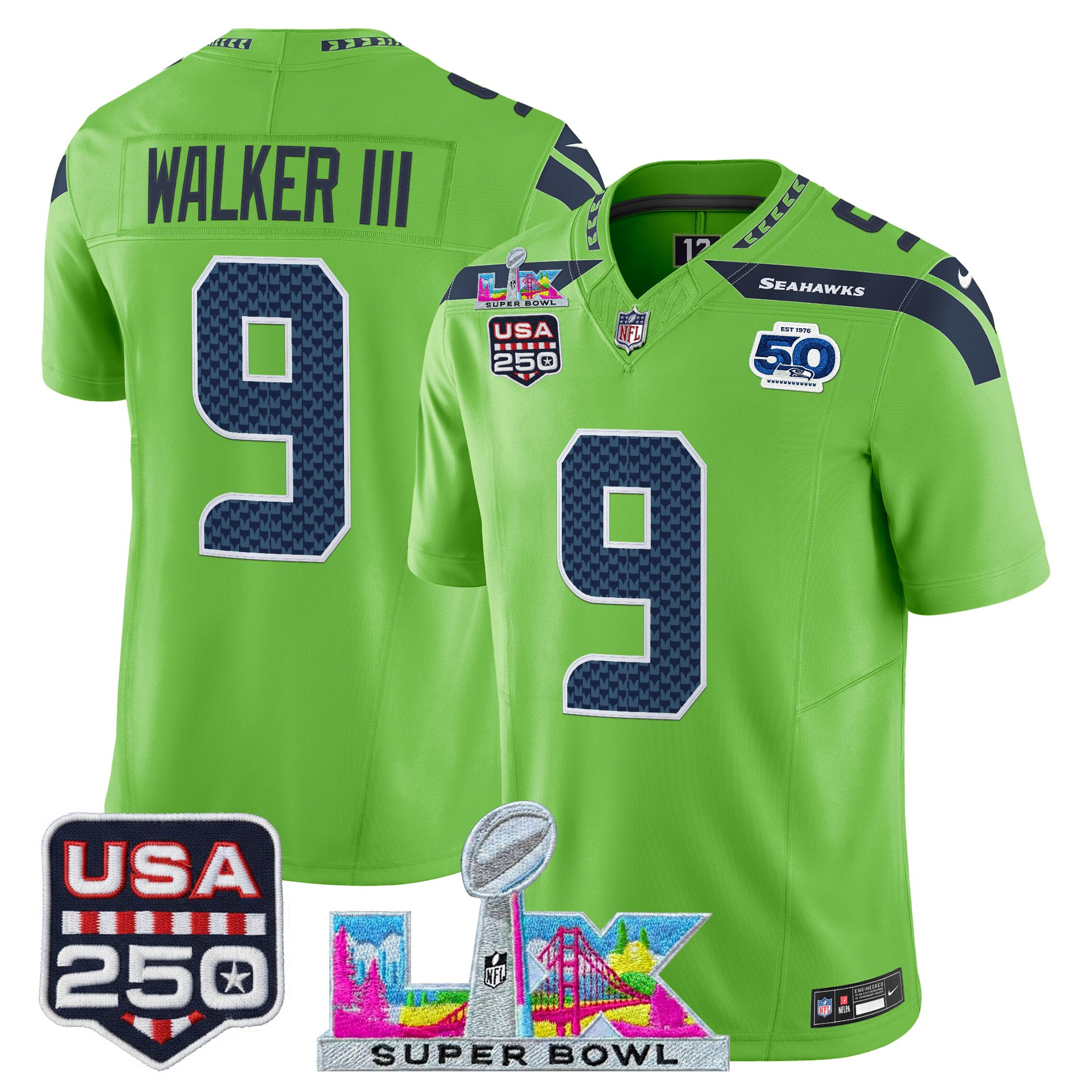 Men's Seattle Seahawks "Super Bowl LX & United States 250th Anniversary Patch" Vapor Limited Jersey - All Stitched - Image 26