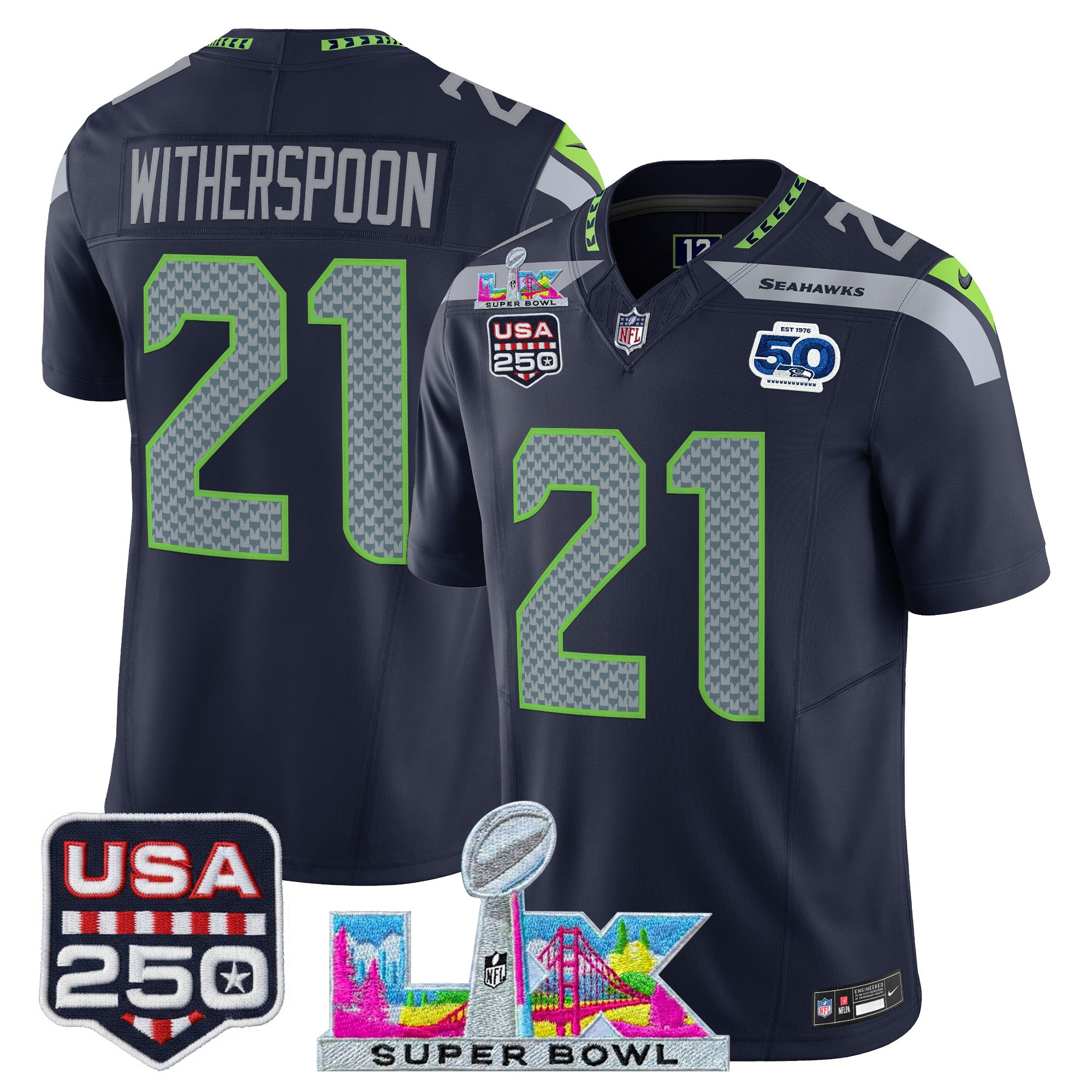 Men's Seattle Seahawks "Super Bowl LX & United States 250th Anniversary Patch" Vapor Limited Jersey - All Stitched - Image 11