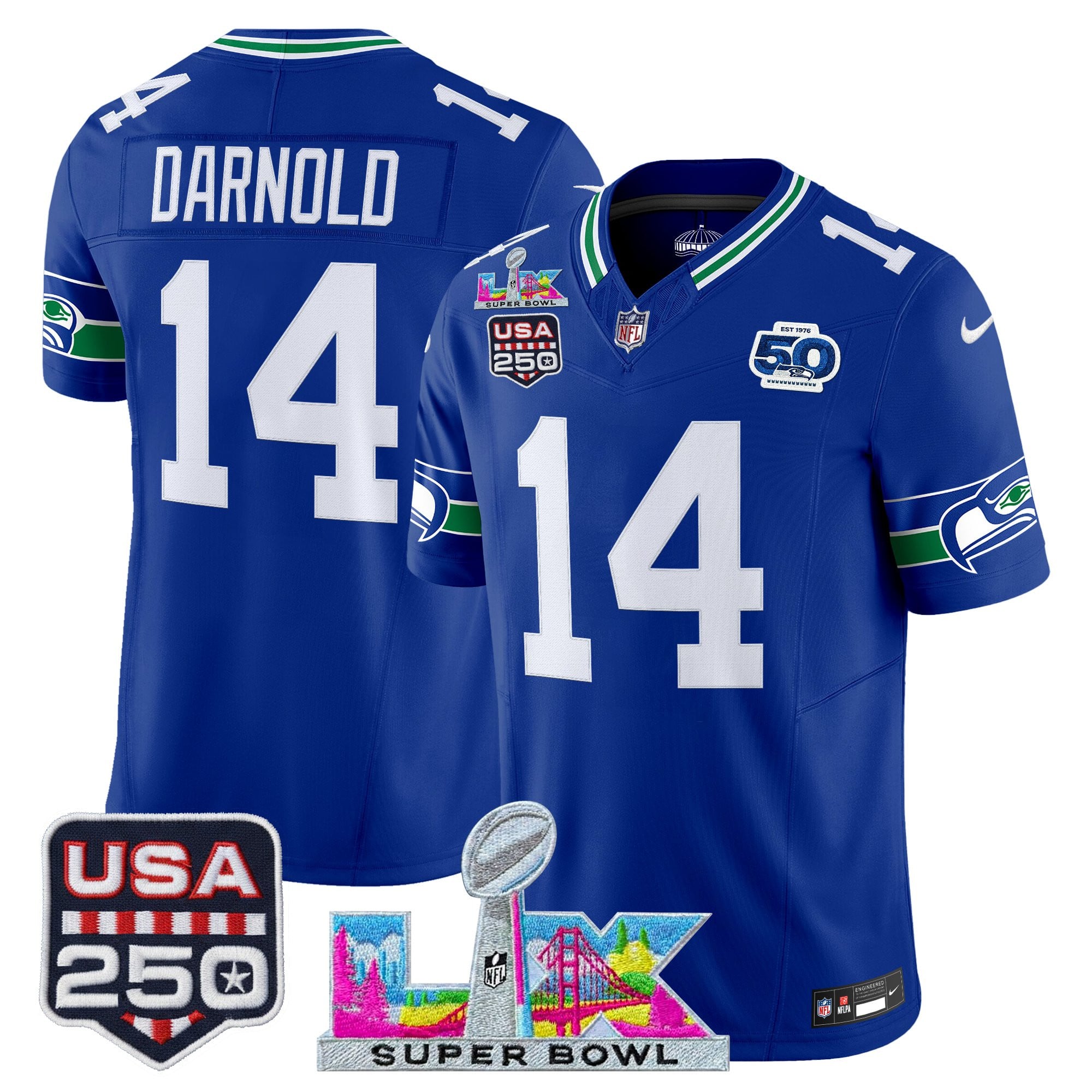 Men's Seattle Seahawks "Super Bowl LX & United States 250th Anniversary Patch" Vapor Limited Jersey - All Stitched