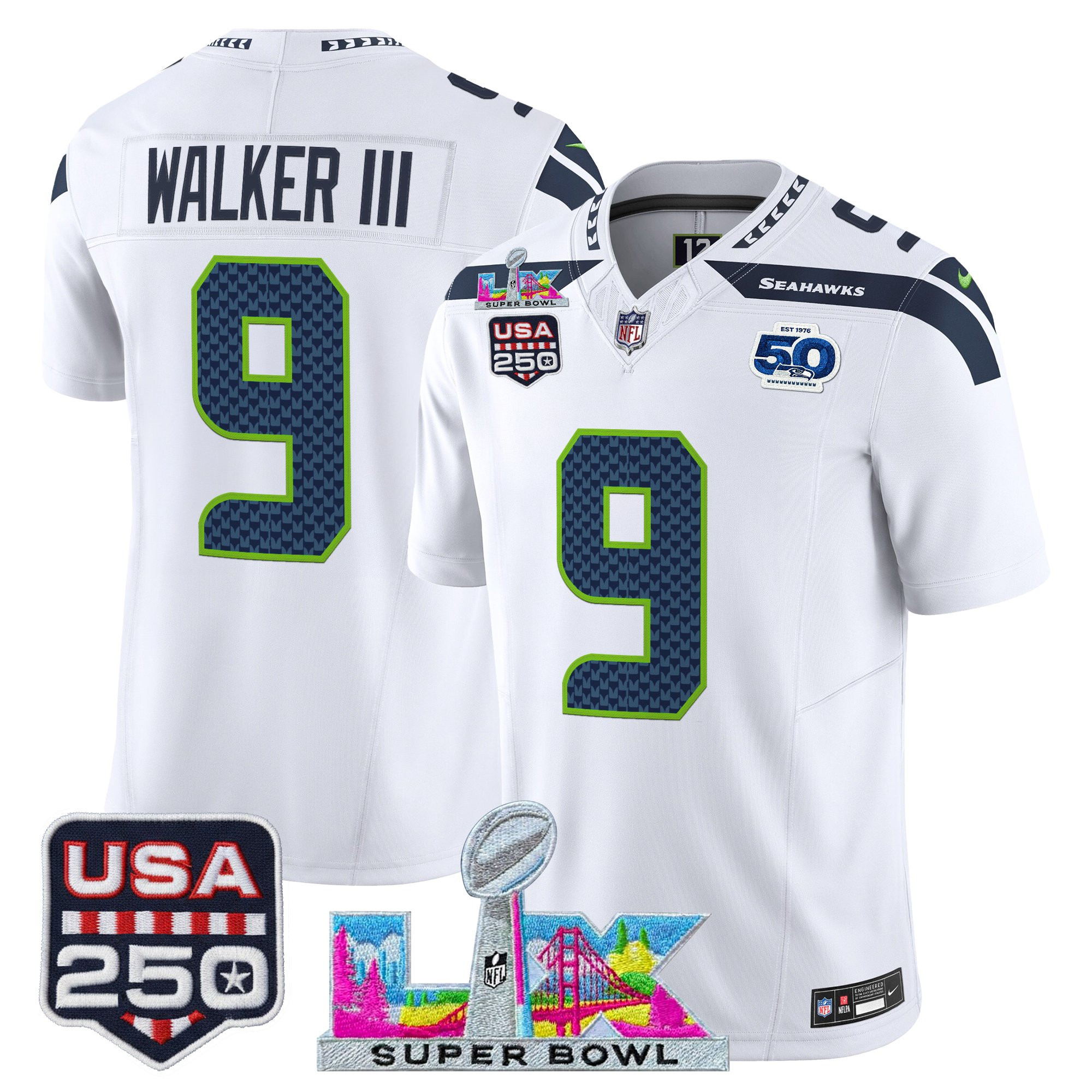 Men's Seattle Seahawks "Super Bowl LX & United States 250th Anniversary Patch" Vapor Limited Jersey - All Stitched - Image 33
