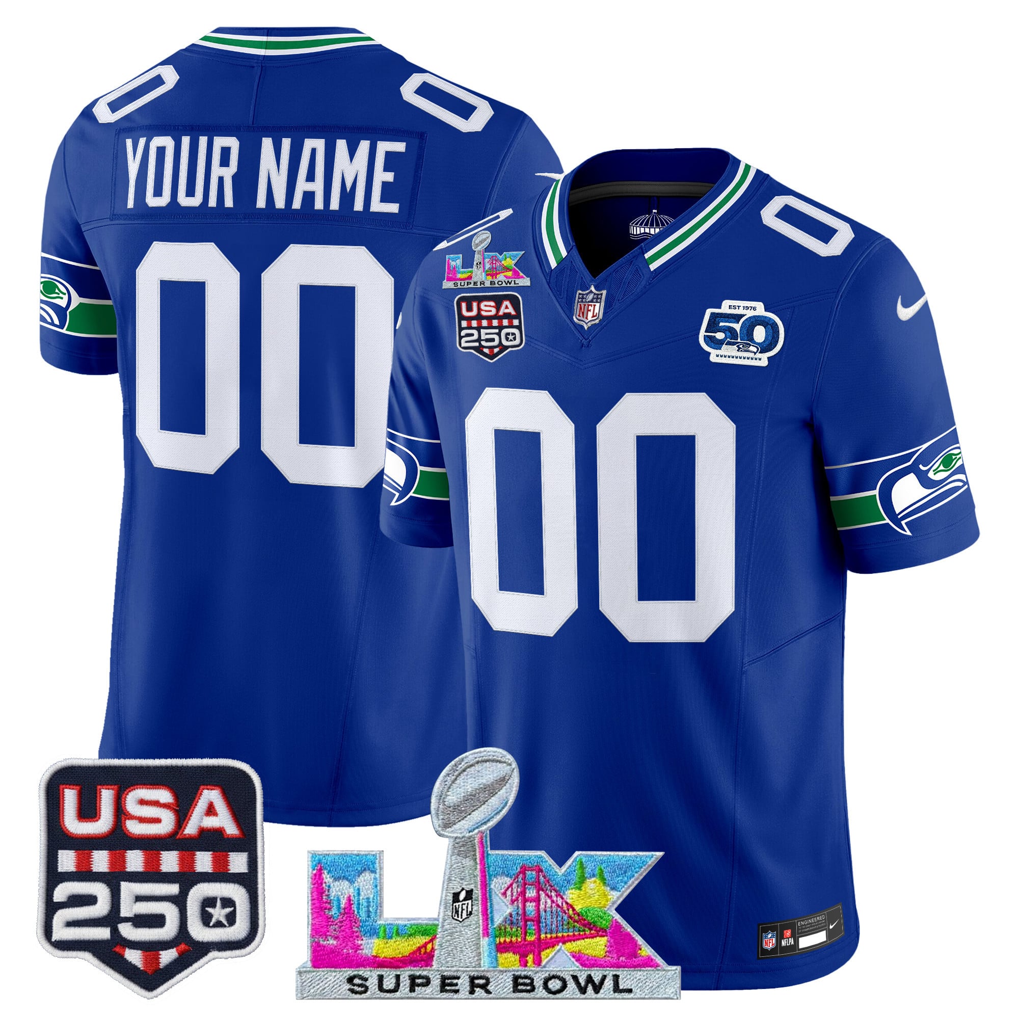 Seattle Seahawks "Super Bowl LX & United States 250th Anniversary Patch" Vapor Limited Custom Jersey - All Stitched