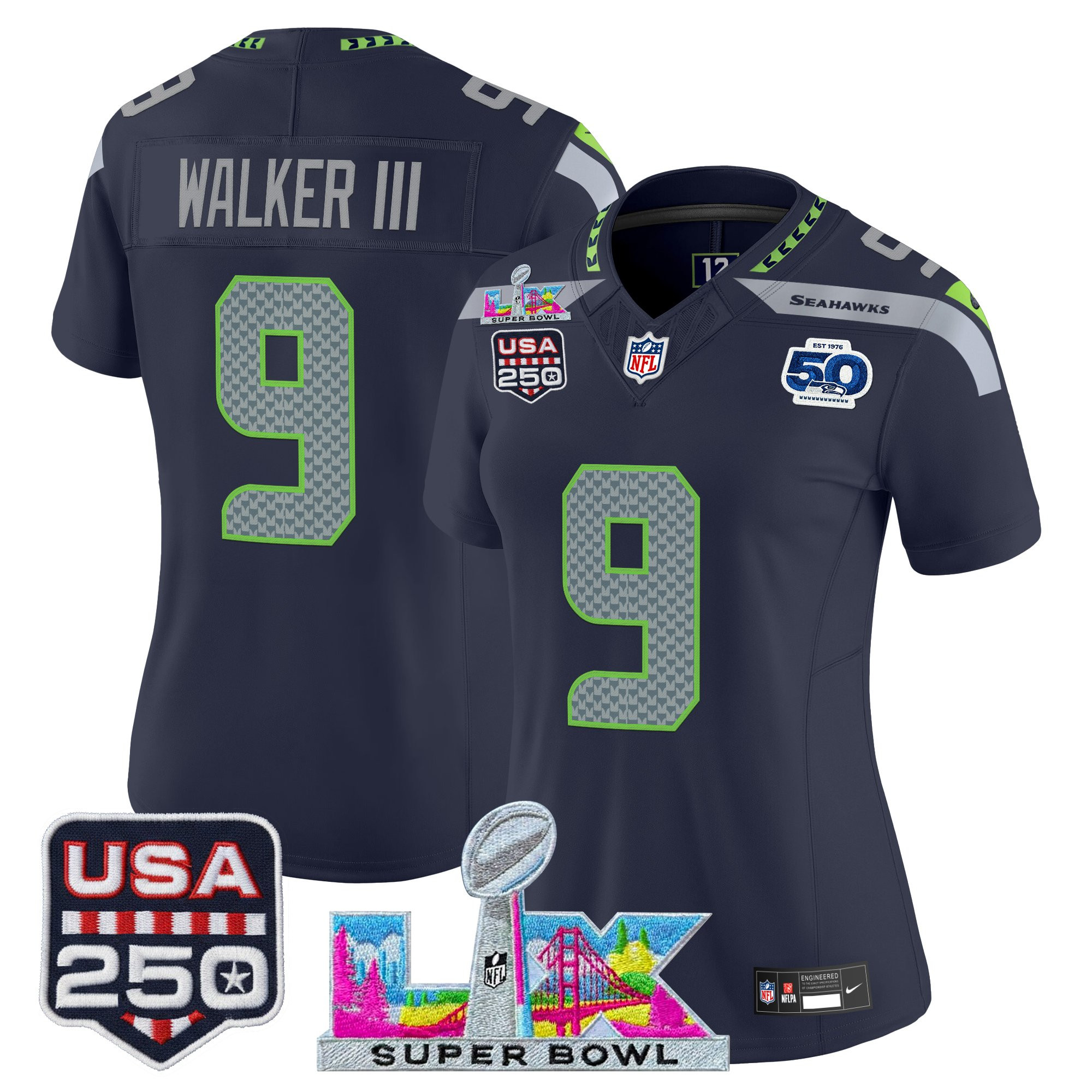 Women's Seattle Seahawks "Super Bowl LX & United States 250th Anniversary Patch" Vapor Limited Jersey - All Stitched - Image 12