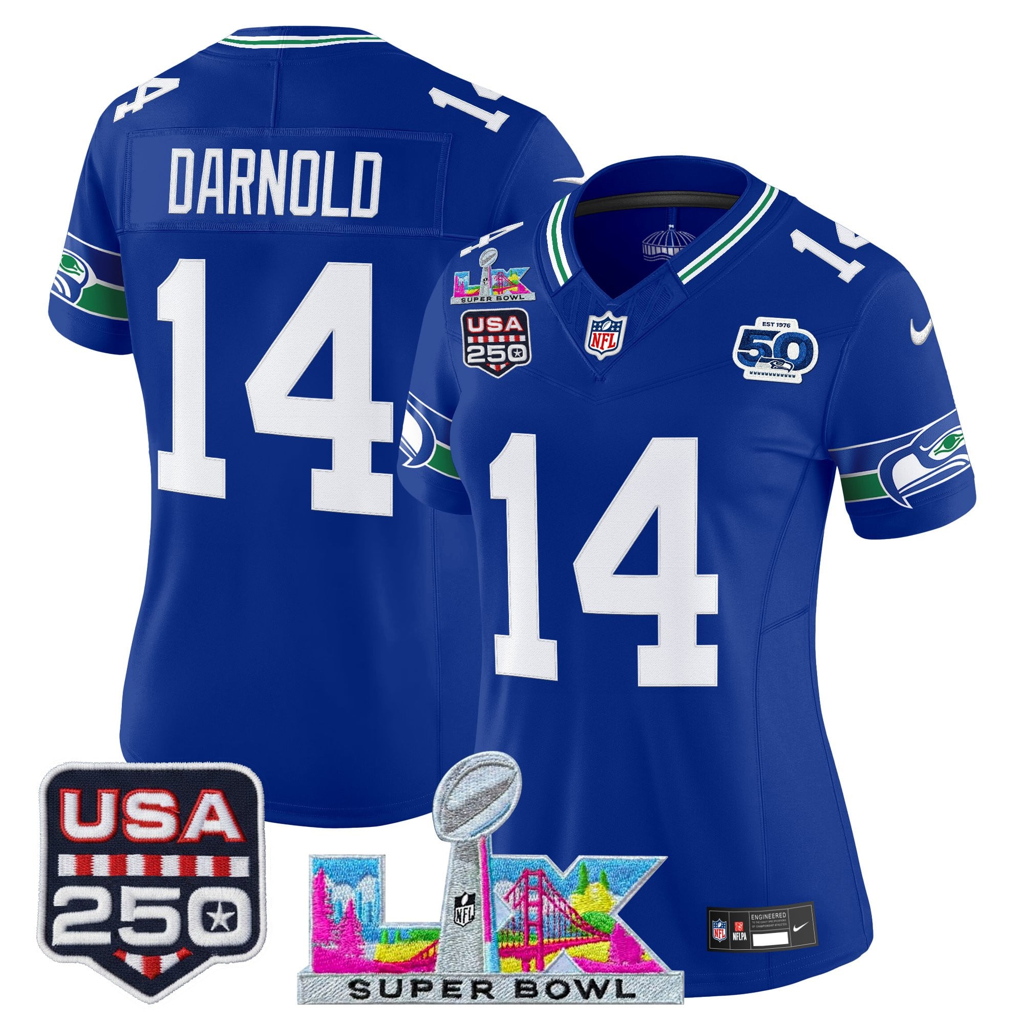 Women's Seattle Seahawks "Super Bowl LX & United States 250th Anniversary Patch" Vapor Limited Jersey - All Stitched