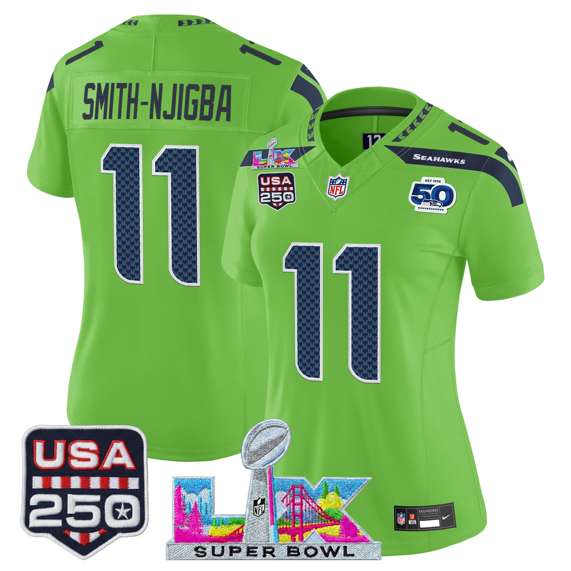 Women's Seattle Seahawks "Super Bowl LX & United States 250th Anniversary Patch" Vapor Limited Jersey - All Stitched - Image 23