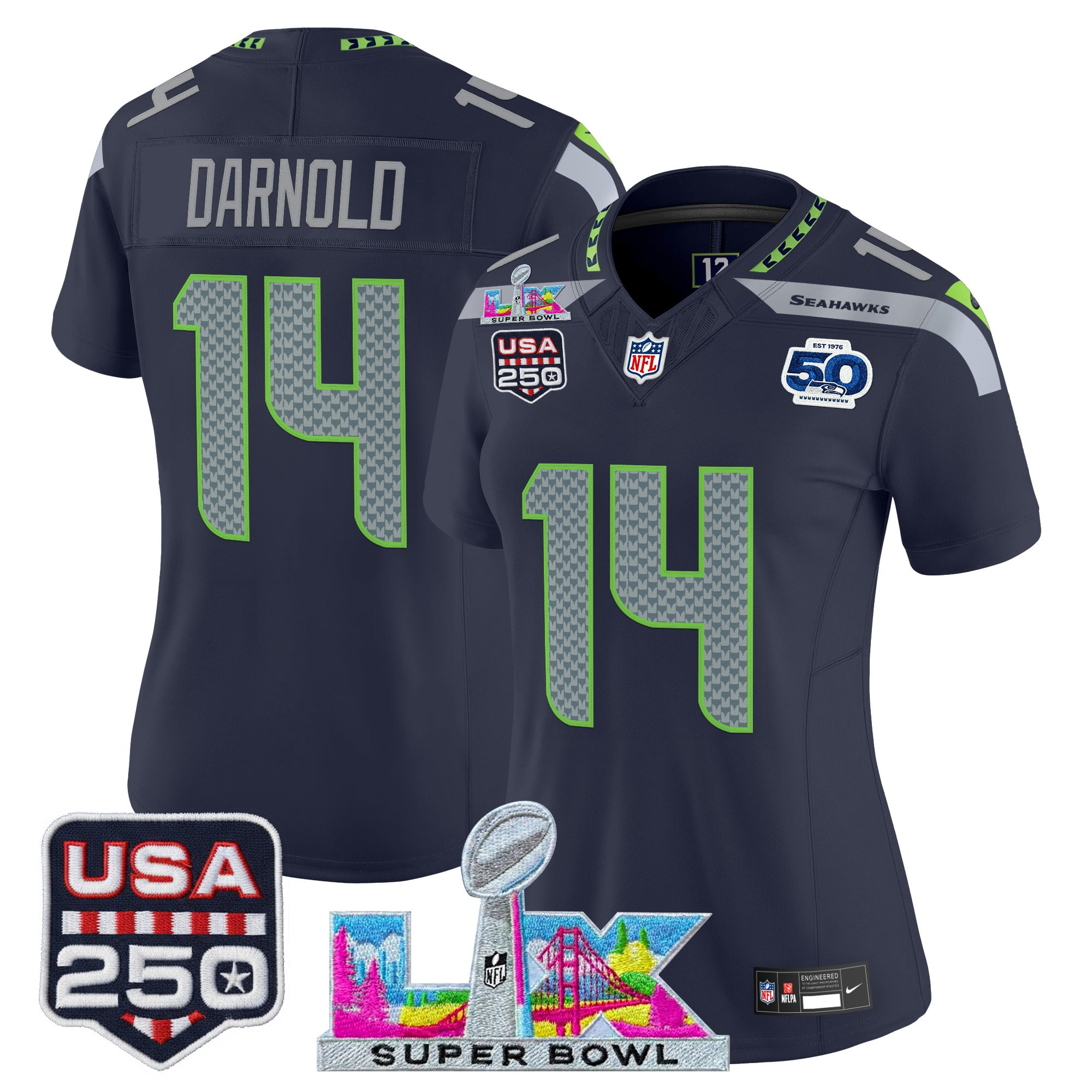 Women's Seattle Seahawks "Super Bowl LX & United States 250th Anniversary Patch" Vapor Limited Jersey - All Stitched - Image 8