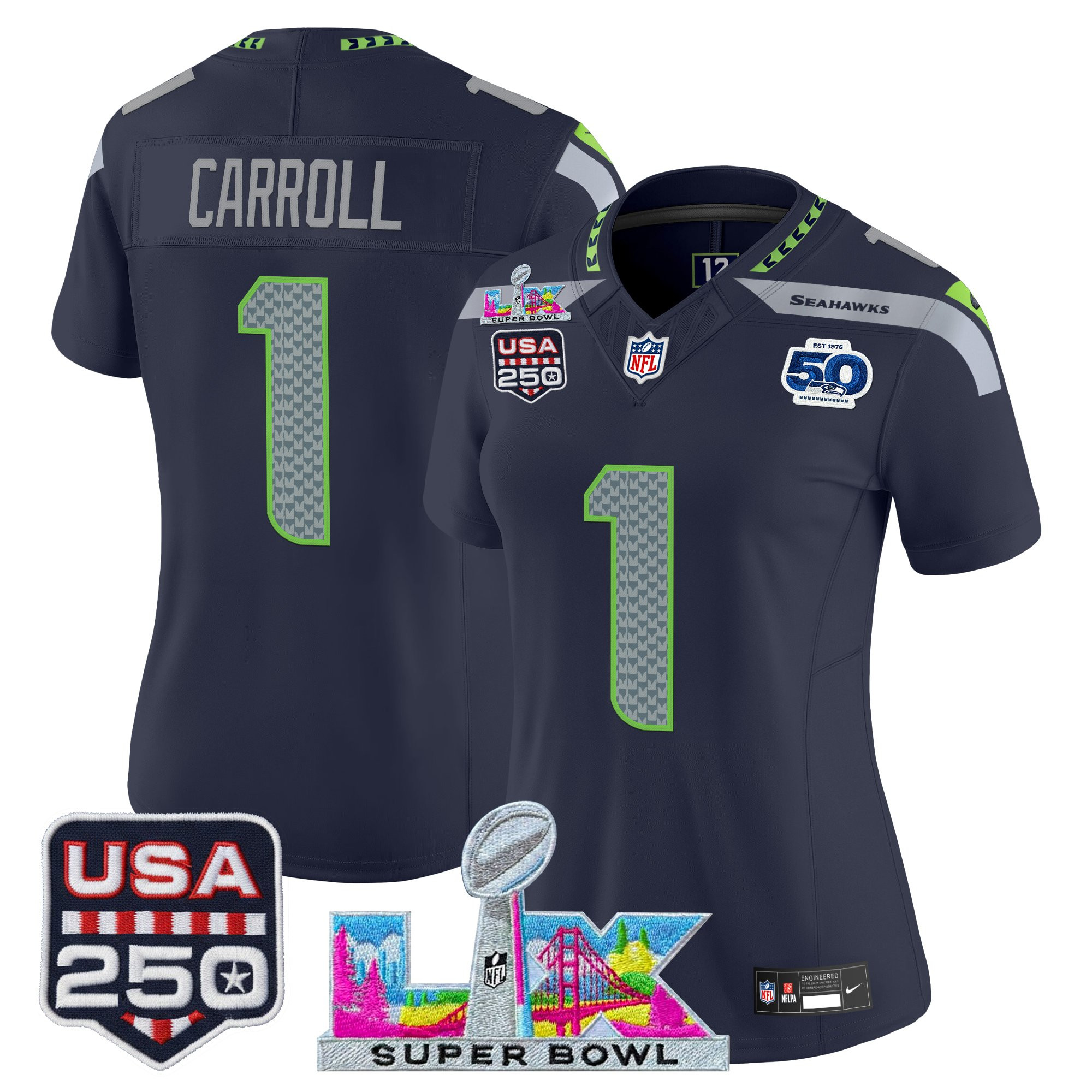 Women's Seattle Seahawks "Super Bowl LX & United States 250th Anniversary Patch" Vapor Limited Jersey - All Stitched - Image 10