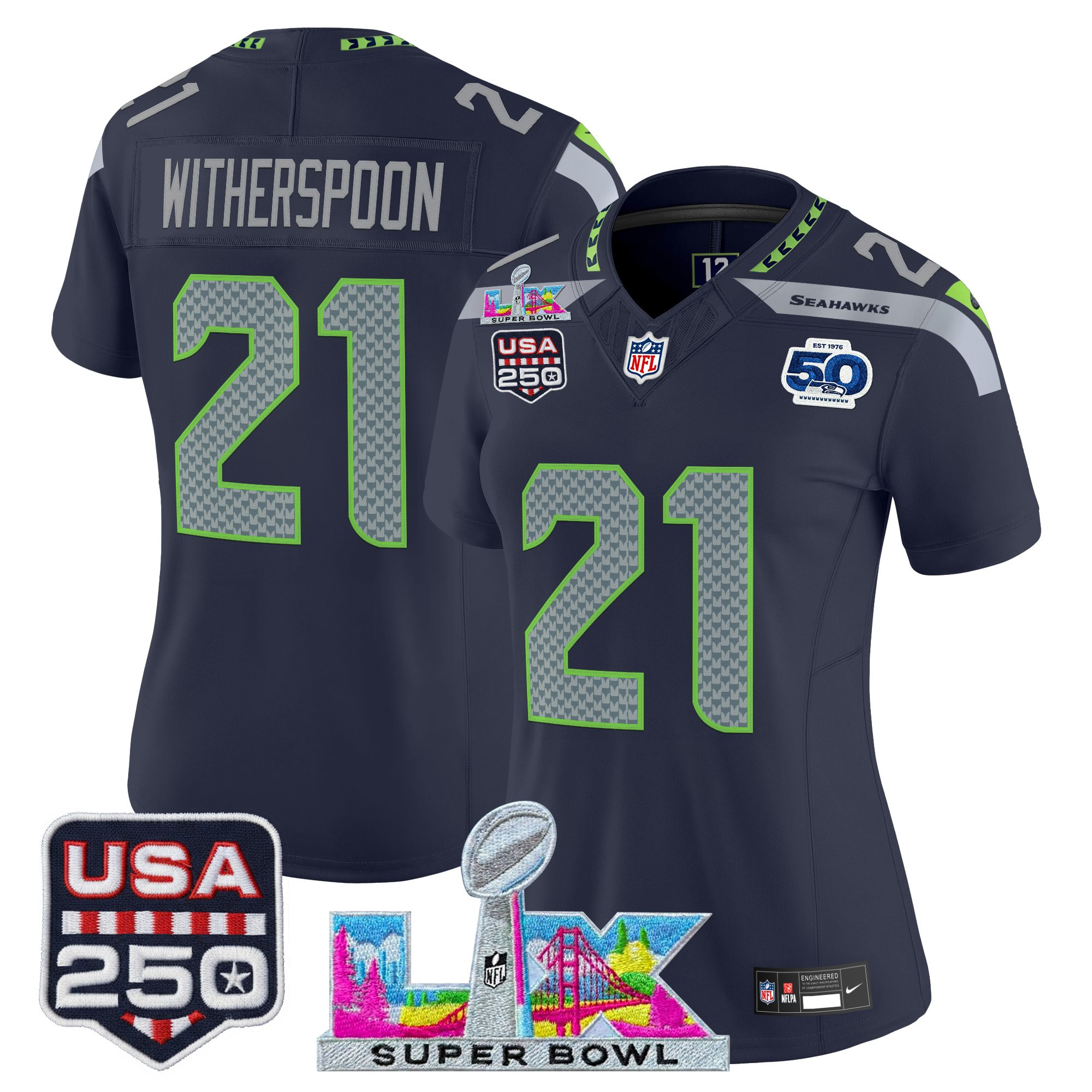 Women's Seattle Seahawks "Super Bowl LX & United States 250th Anniversary Patch" Vapor Limited Jersey - All Stitched - Image 11
