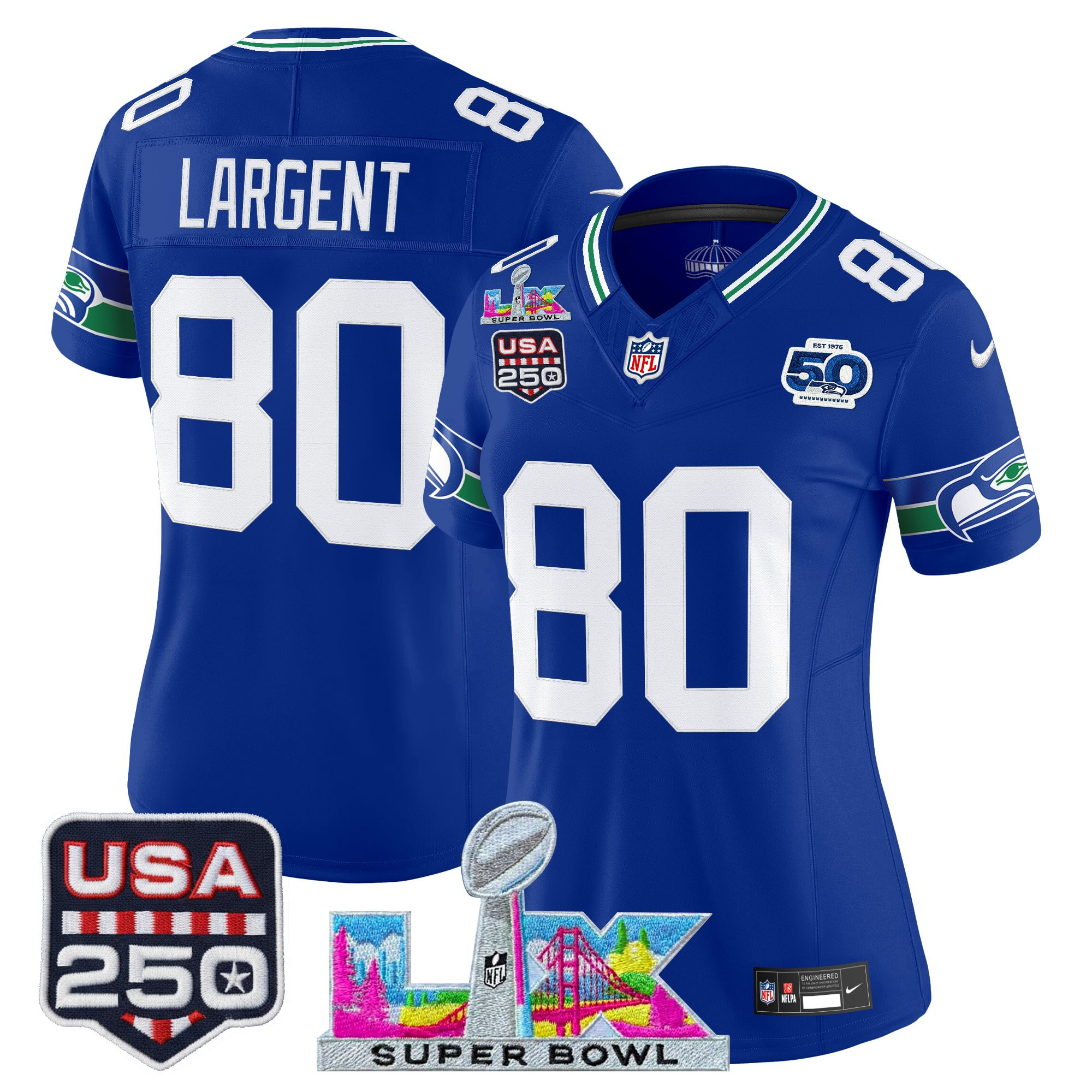 Women's Seattle Seahawks "Super Bowl LX & United States 250th Anniversary Patch" Vapor Limited Jersey - All Stitched - Image 6