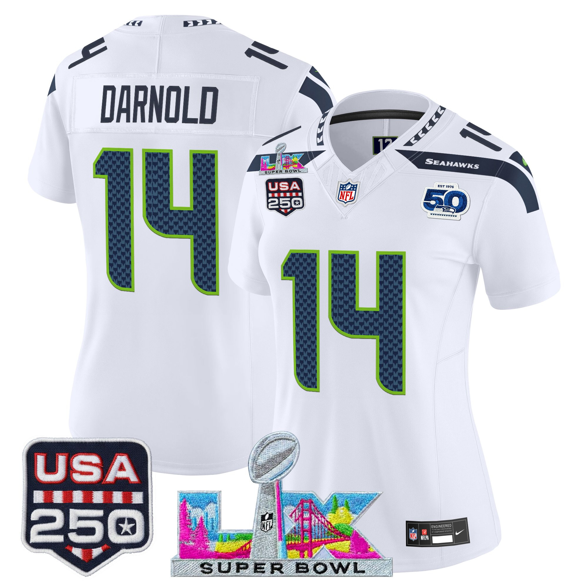 Women's Seattle Seahawks "Super Bowl LX & United States 250th Anniversary Patch" Vapor Limited Jersey - All Stitched - Image 29