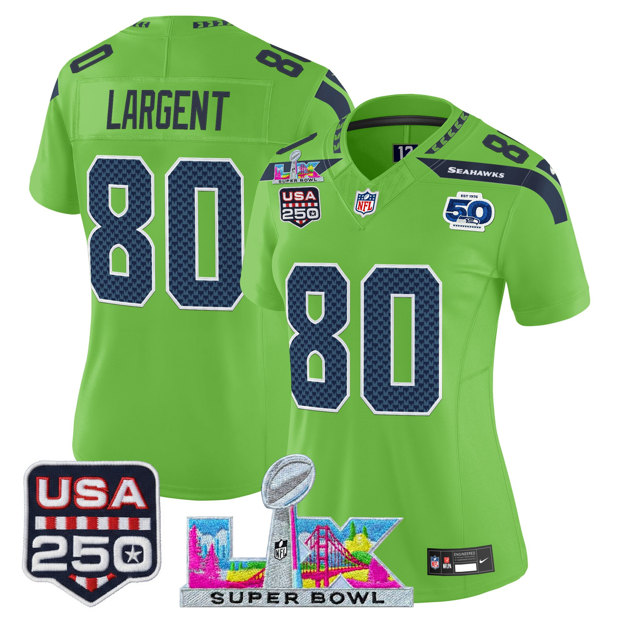Women's Seattle Seahawks "Super Bowl LX & United States 250th Anniversary Patch" Vapor Limited Jersey - All Stitched - Image 27