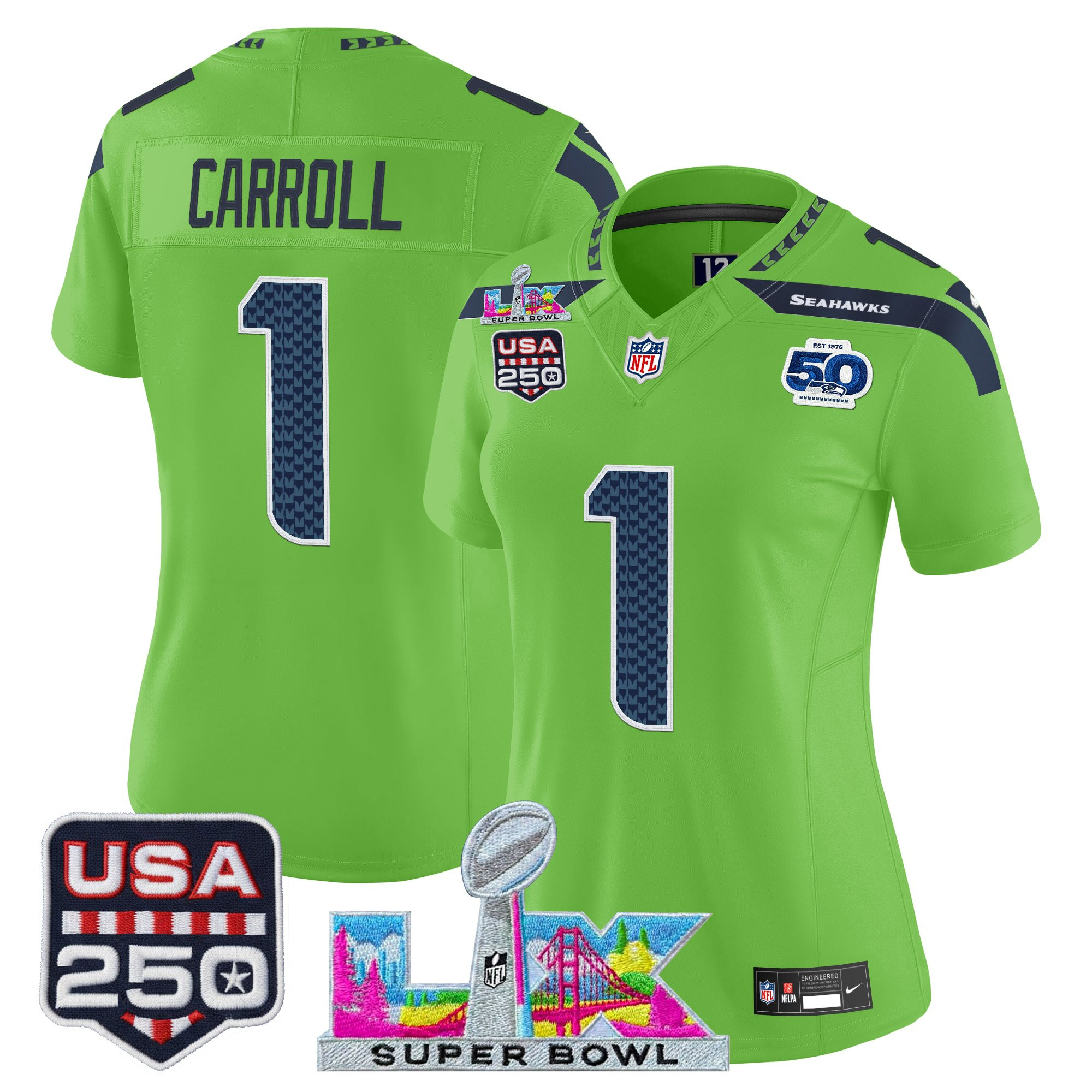 Women's Seattle Seahawks "Super Bowl LX & United States 250th Anniversary Patch" Vapor Limited Jersey - All Stitched - Image 24