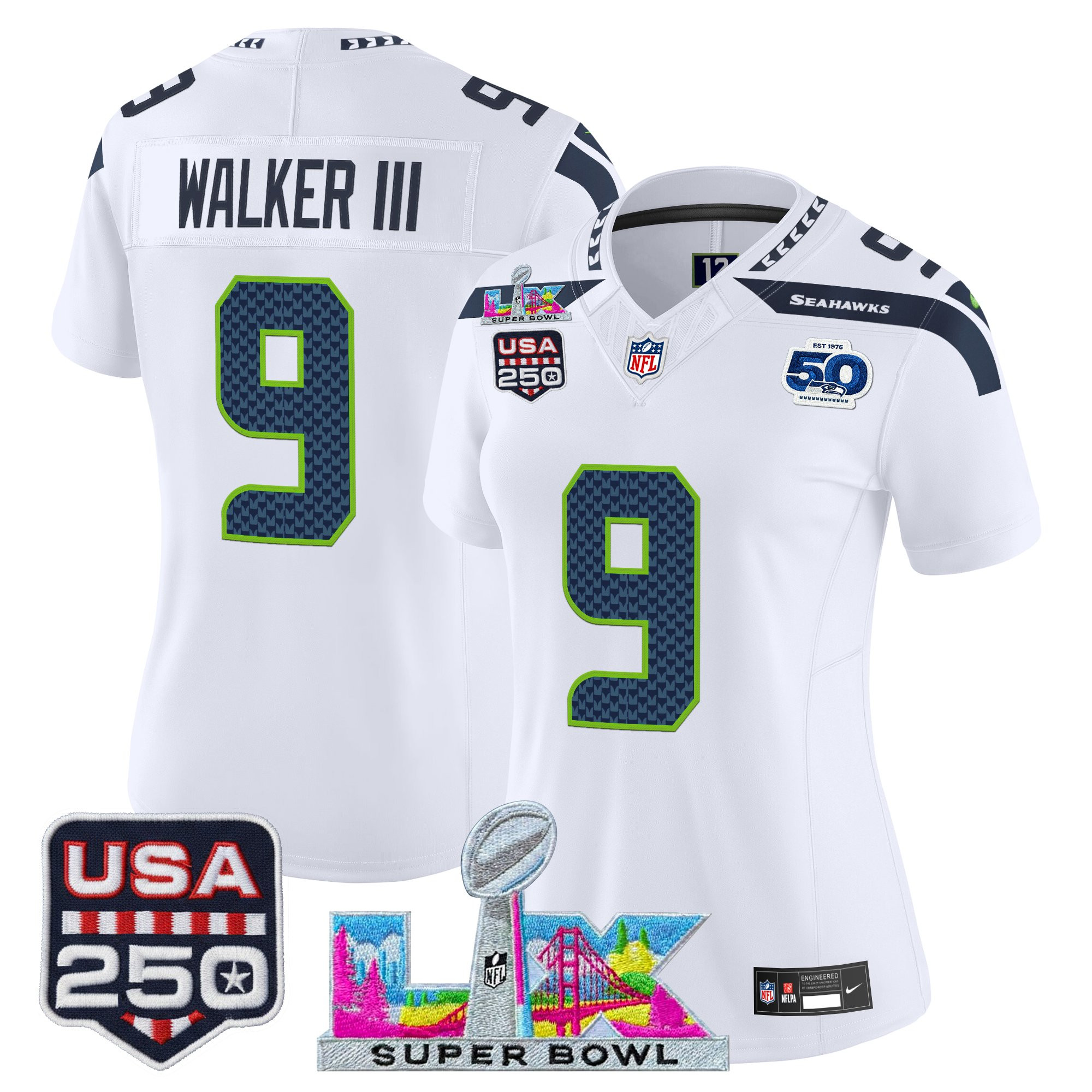 Women's Seattle Seahawks "Super Bowl LX & United States 250th Anniversary Patch" Vapor Limited Jersey - All Stitched - Image 33