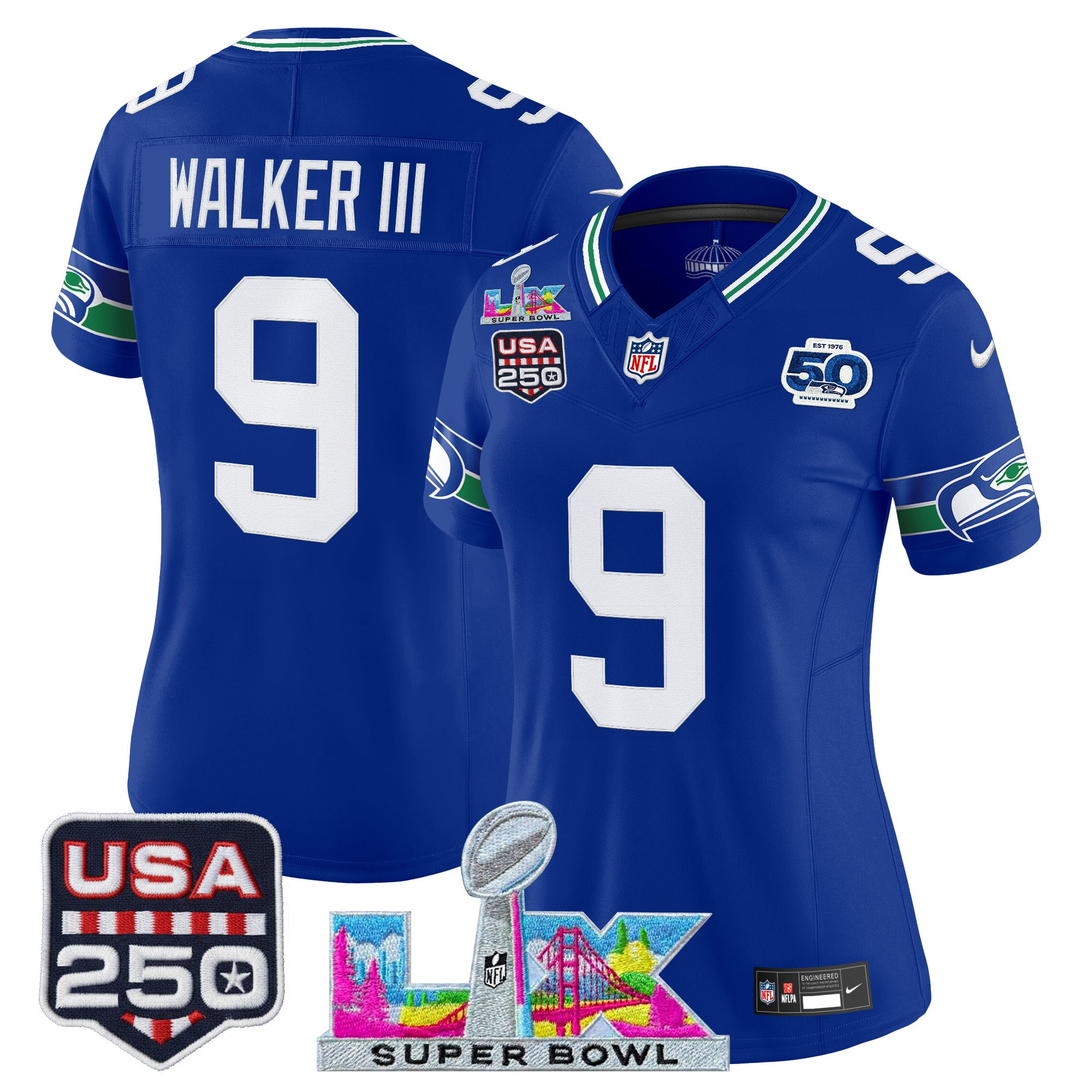 Women's Seattle Seahawks "Super Bowl LX & United States 250th Anniversary Patch" Vapor Limited Jersey - All Stitched - Image 5