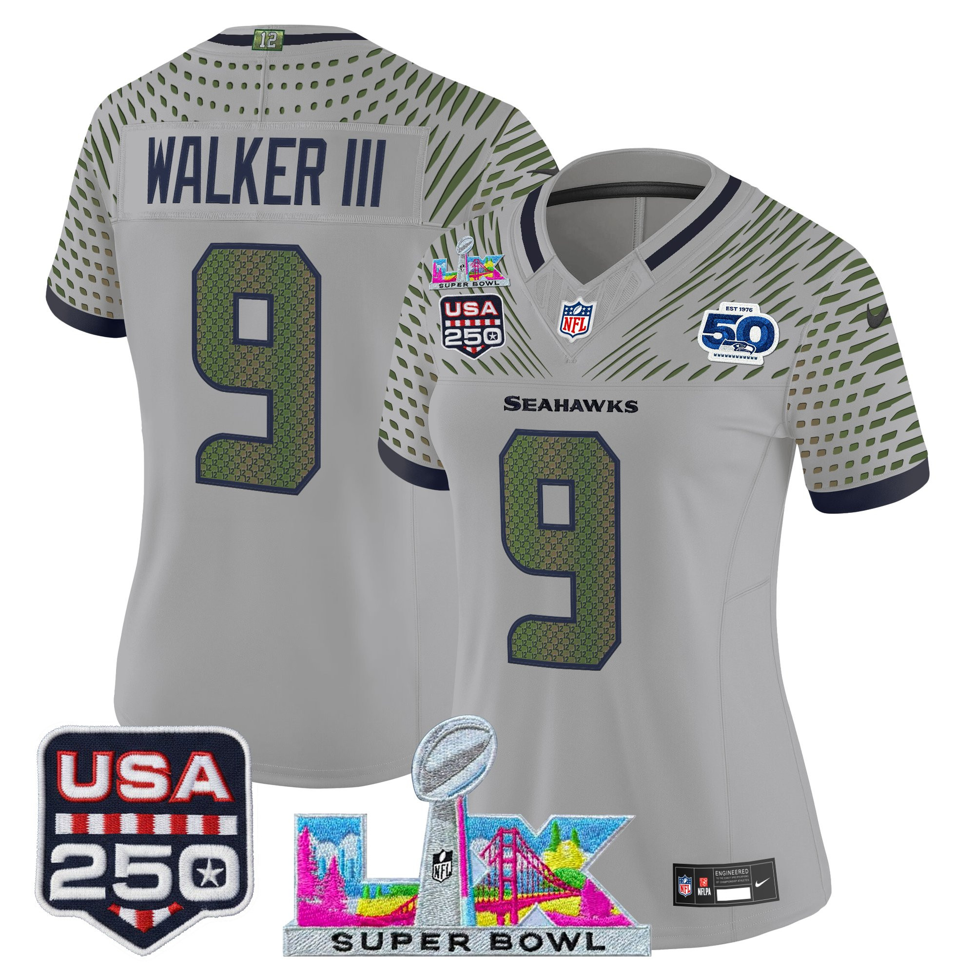 Women's Seattle Seahawks "Super Bowl LX & United States 250th Anniversary Patch" Vapor Limited Jersey - All Stitched - Image 19