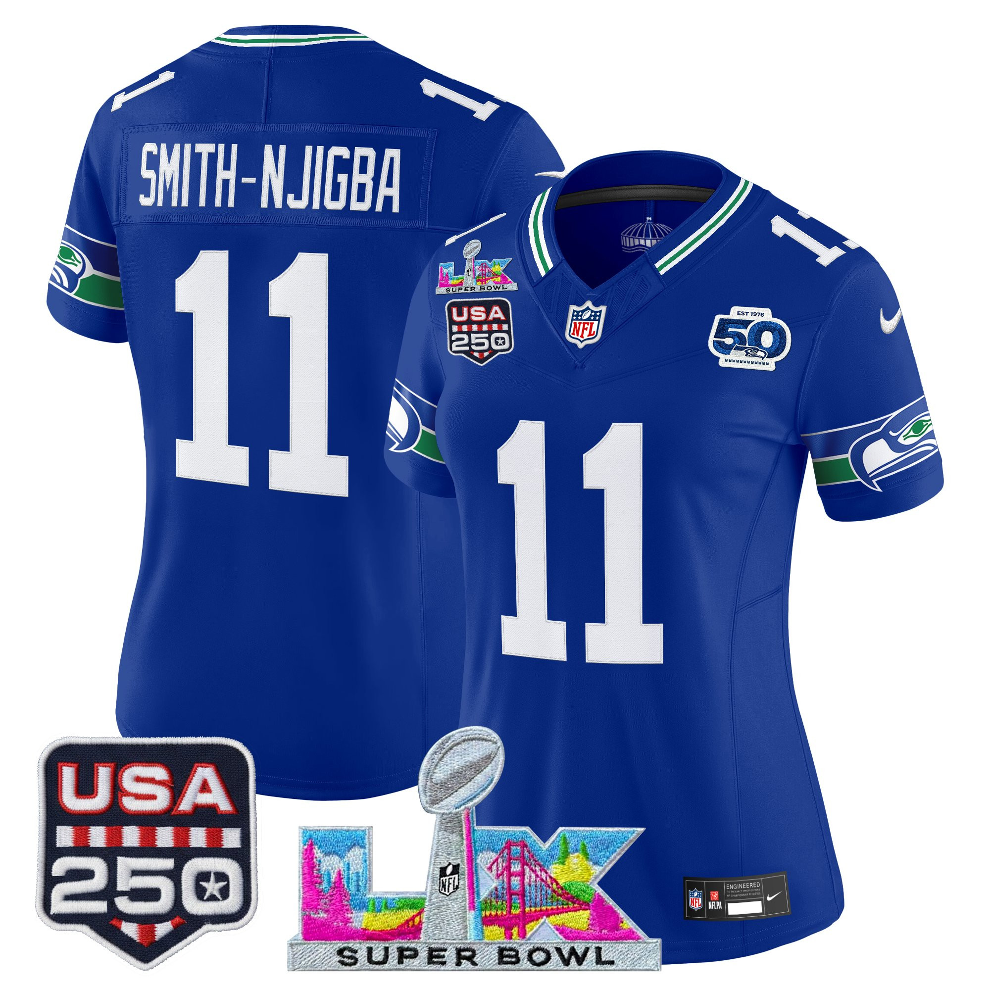 Women's Seattle Seahawks "Super Bowl LX & United States 250th Anniversary Patch" Vapor Limited Jersey - All Stitched - Image 2