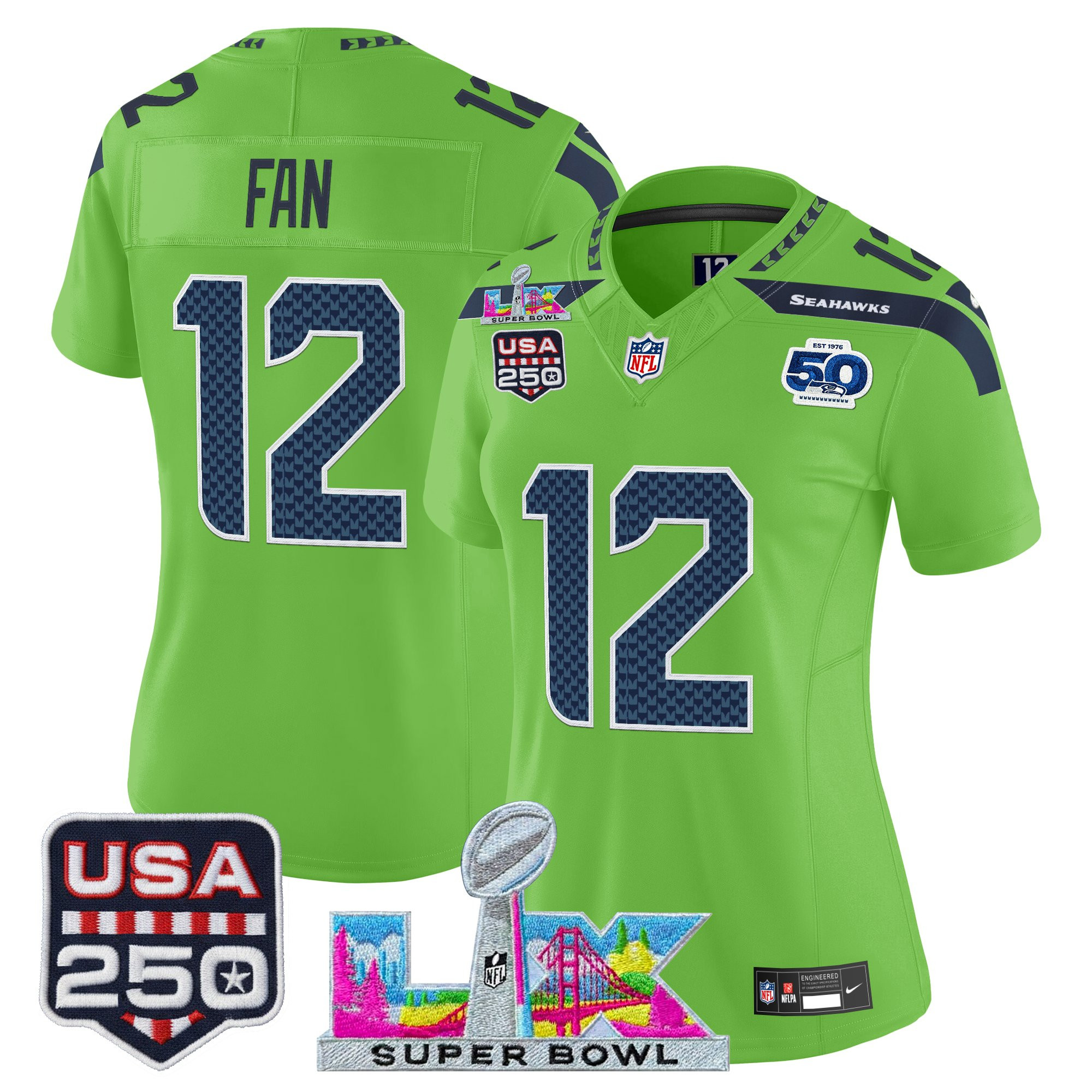Women's Seattle Seahawks "Super Bowl LX & United States 250th Anniversary Patch" Vapor Limited Jersey - All Stitched - Image 28