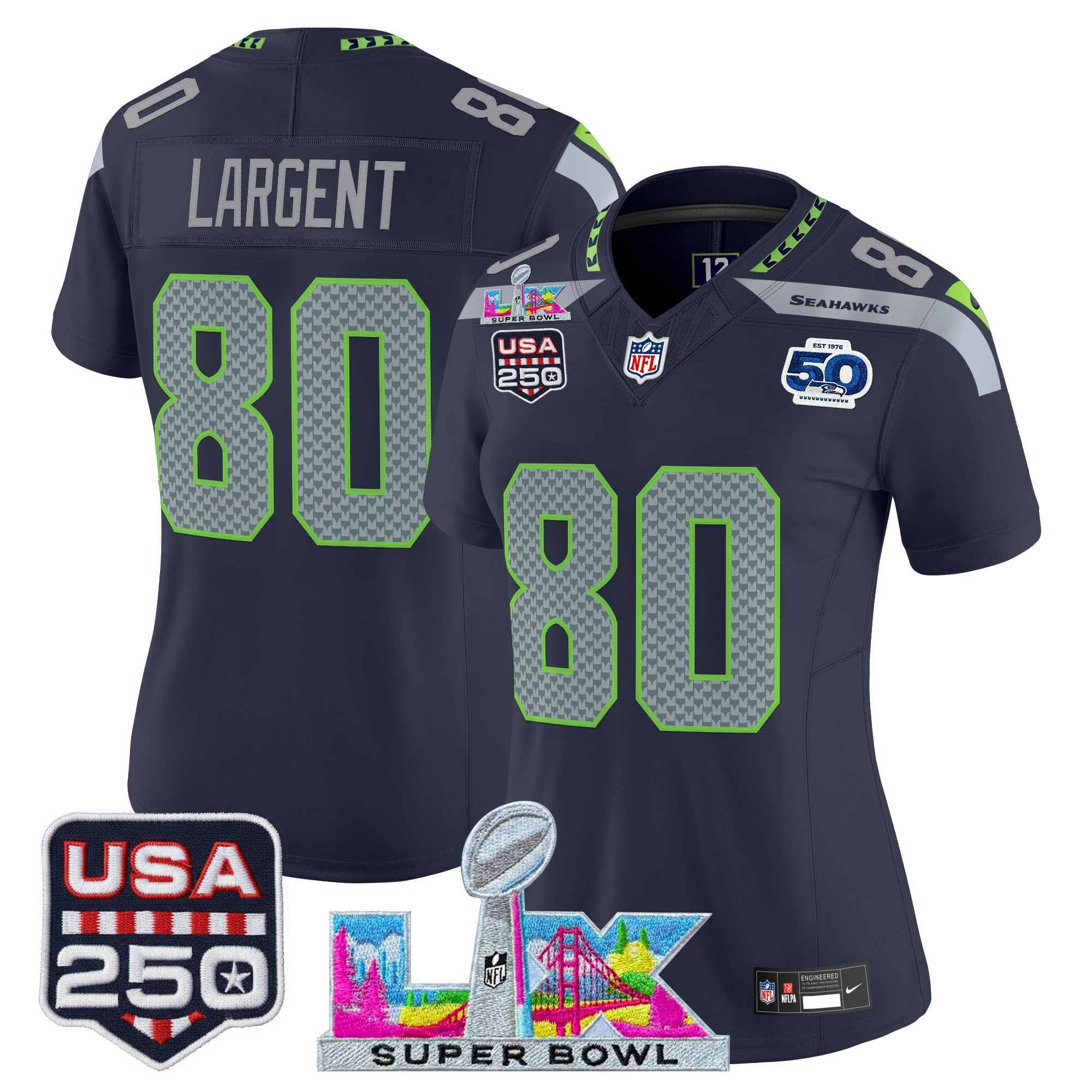 Women's Seattle Seahawks "Super Bowl LX & United States 250th Anniversary Patch" Vapor Limited Jersey - All Stitched - Image 13