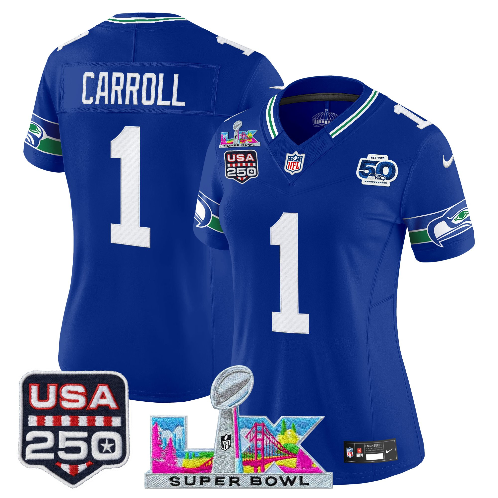 Women's Seattle Seahawks "Super Bowl LX & United States 250th Anniversary Patch" Vapor Limited Jersey - All Stitched - Image 3