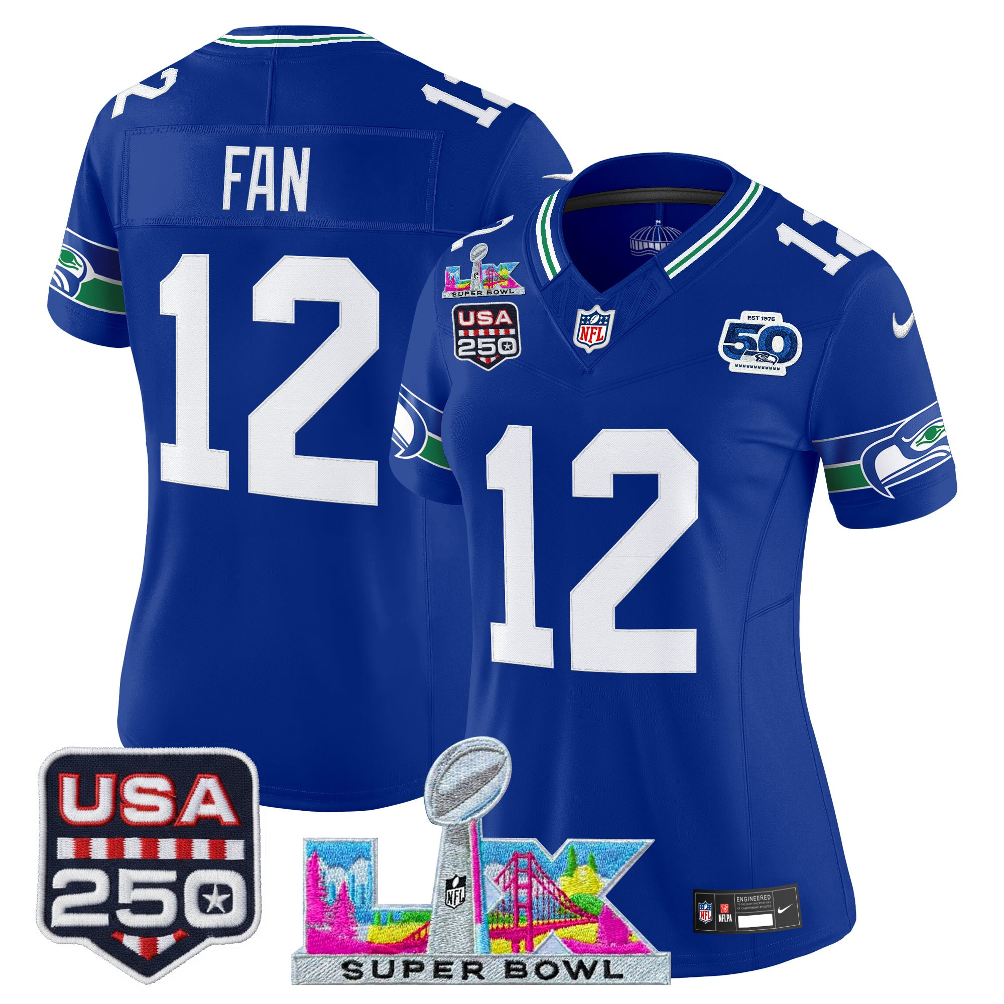 Women's Seattle Seahawks "Super Bowl LX & United States 250th Anniversary Patch" Vapor Limited Jersey - All Stitched - Image 7