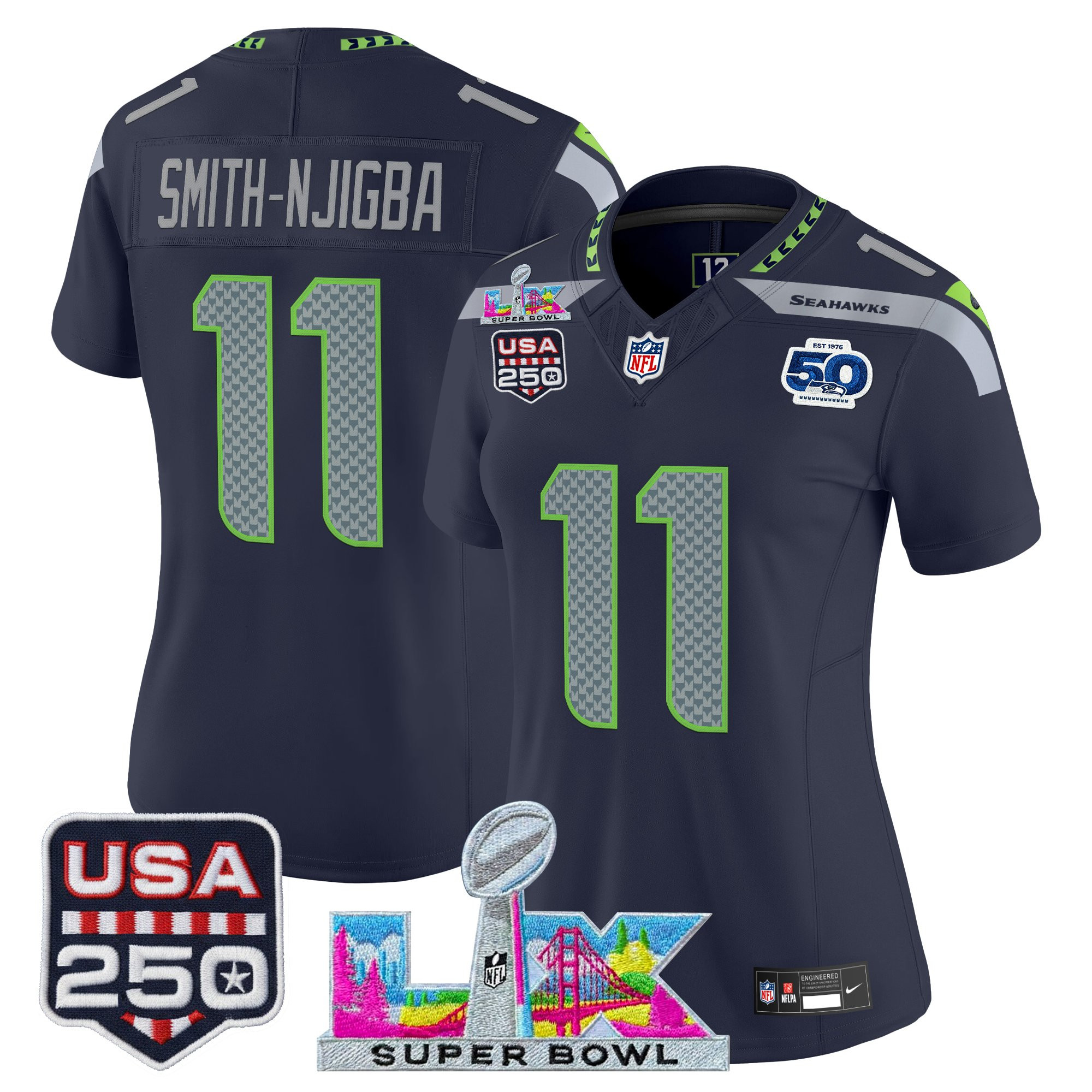 Women's Seattle Seahawks "Super Bowl LX & United States 250th Anniversary Patch" Vapor Limited Jersey - All Stitched - Image 9