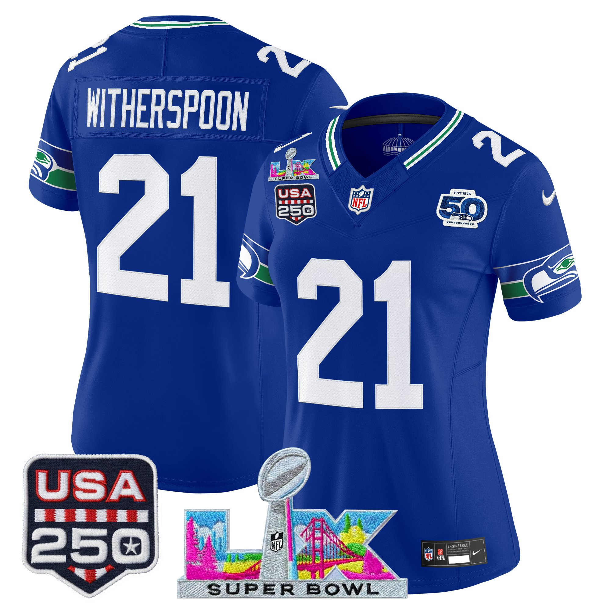 Women's Seattle Seahawks "Super Bowl LX & United States 250th Anniversary Patch" Vapor Limited Jersey - All Stitched - Image 4