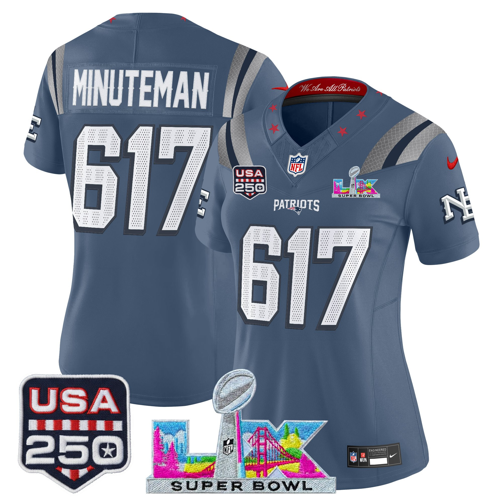 Women's New England Patriots "Super Bowl LX & United States 250th Anniversary Patch" Vapor Limited Jersey - All Stitched - Image 13