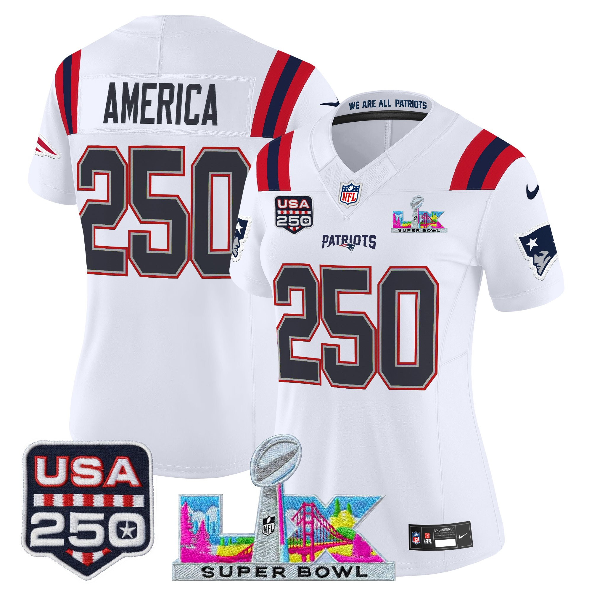 Women's New England Patriots "Super Bowl LX & United States 250th Anniversary Patch" Vapor Limited Jersey - All Stitched - Image 2