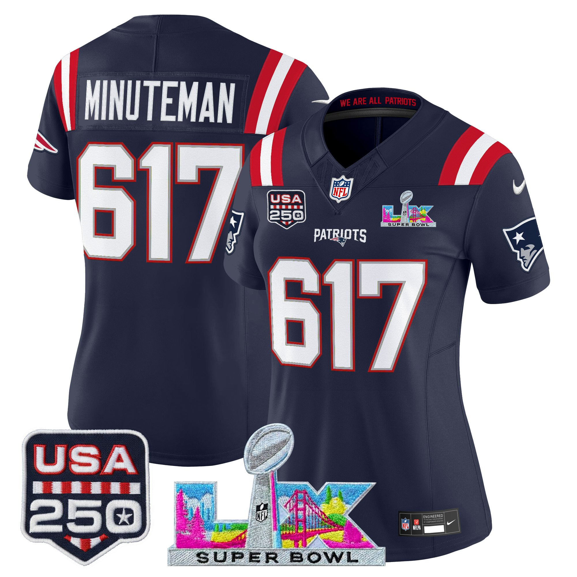 Women's New England Patriots "Super Bowl LX & United States 250th Anniversary Patch" Vapor Limited Jersey - All Stitched - Image 23