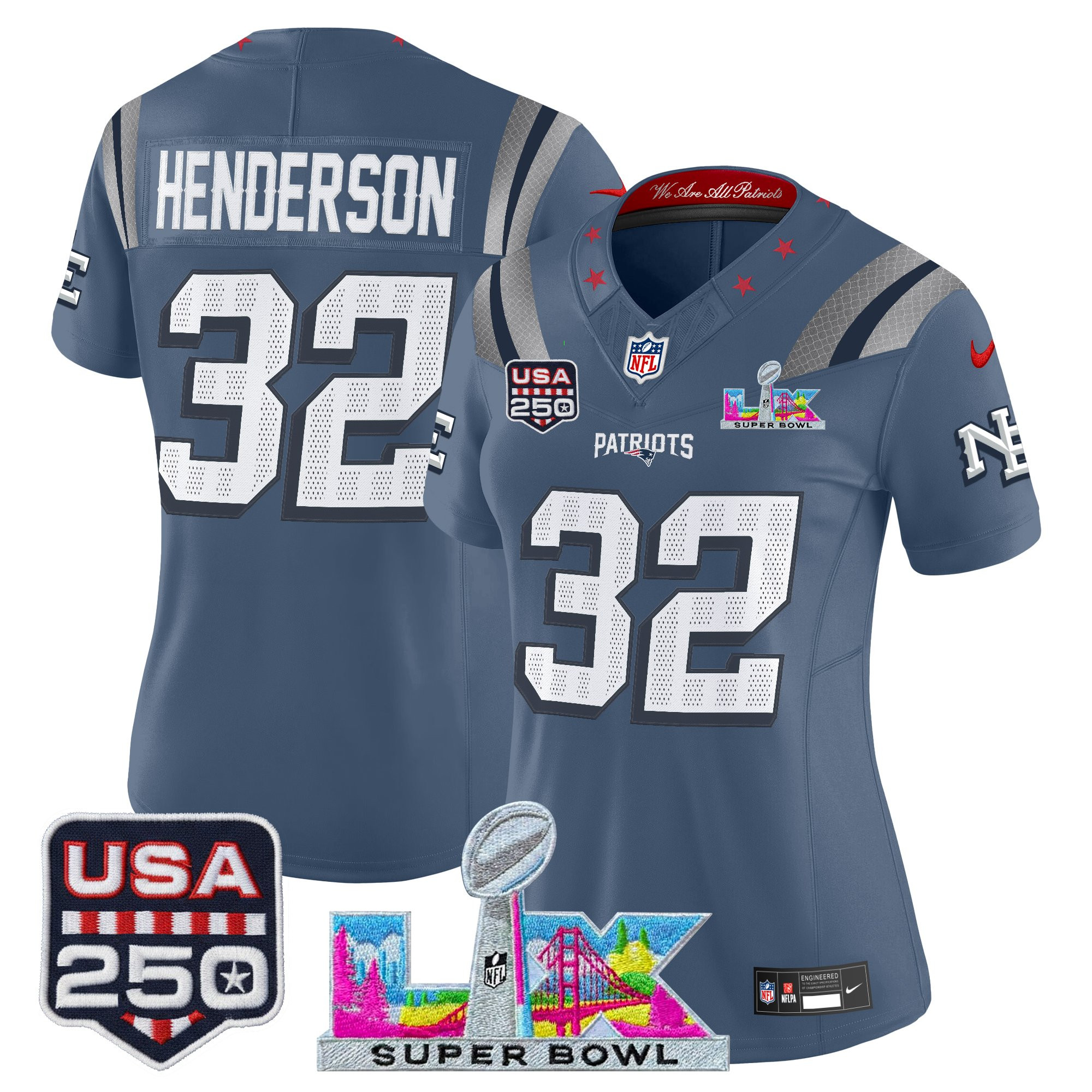 Women's New England Patriots "Super Bowl LX & United States 250th Anniversary Patch" Vapor Limited Jersey - All Stitched - Image 17