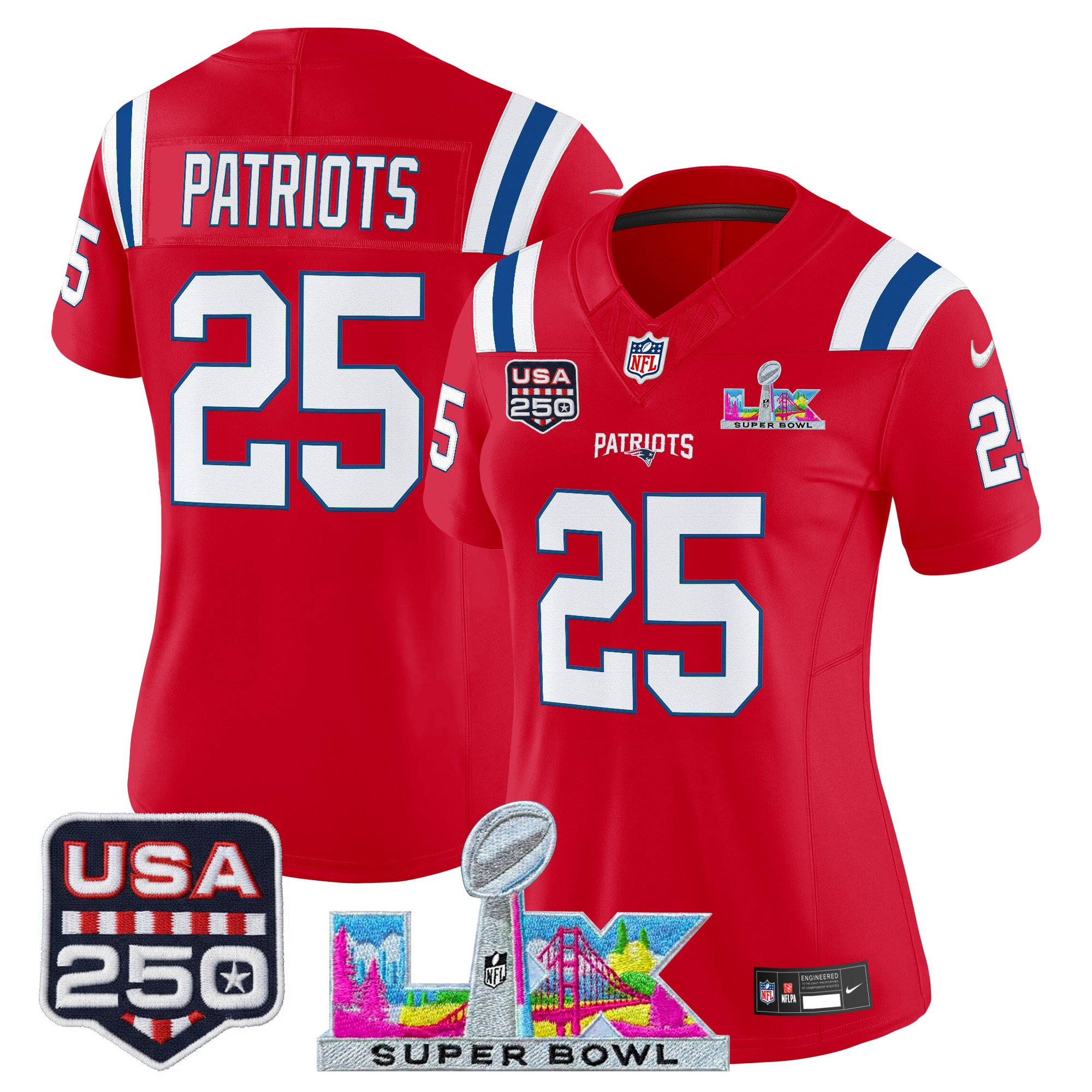 Women's New England Patriots "Super Bowl LX & United States 250th Anniversary Patch" Vapor Limited Jersey - All Stitched - Image 34