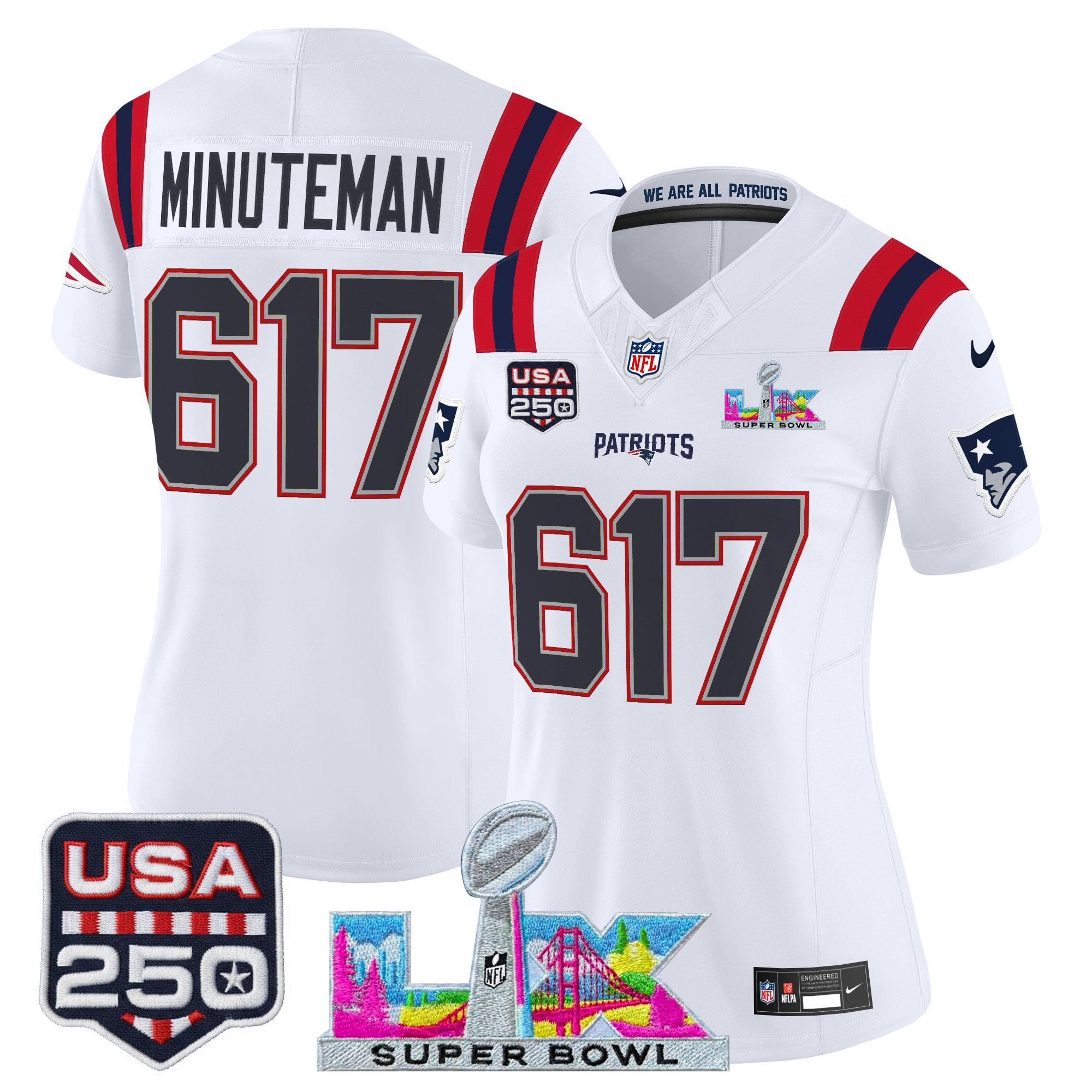 Women's New England Patriots "Super Bowl LX & United States 250th Anniversary Patch" Vapor Limited Jersey - All Stitched - Image 3