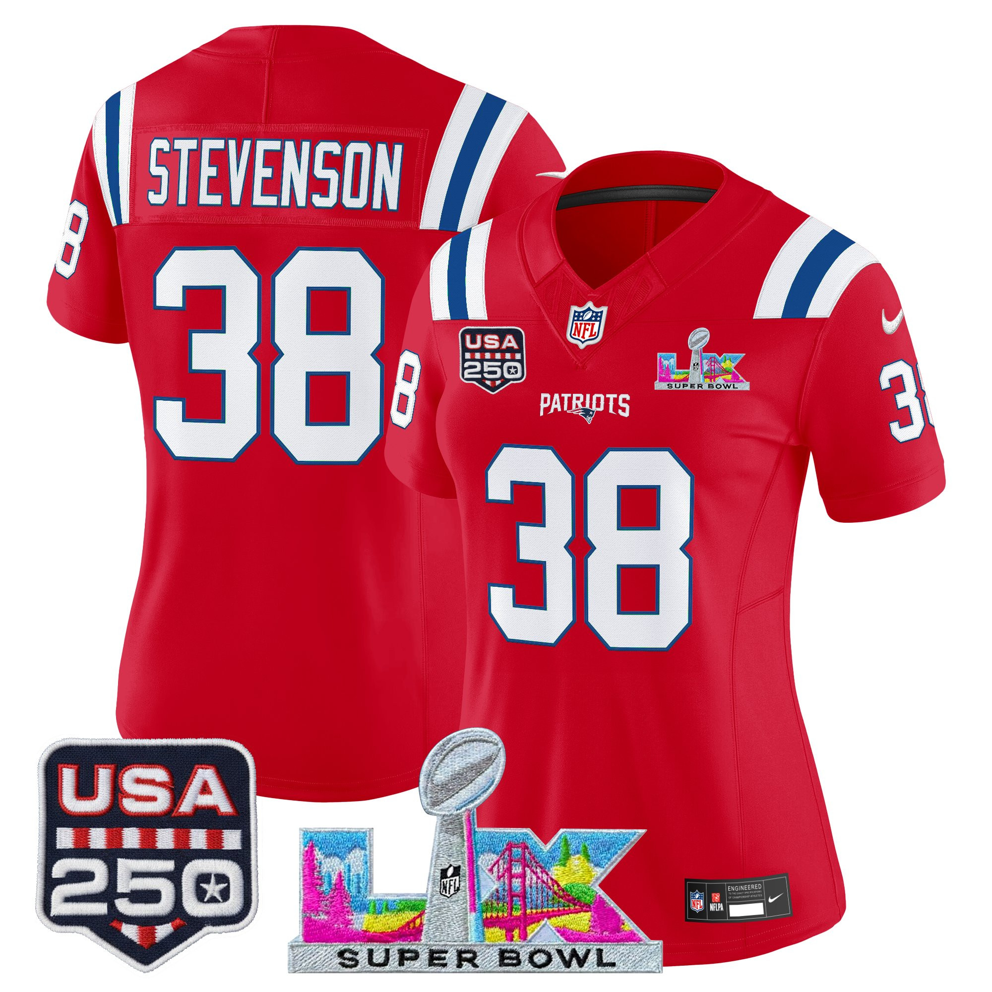 Women's New England Patriots "Super Bowl LX & United States 250th Anniversary Patch" Vapor Limited Jersey - All Stitched - Image 38