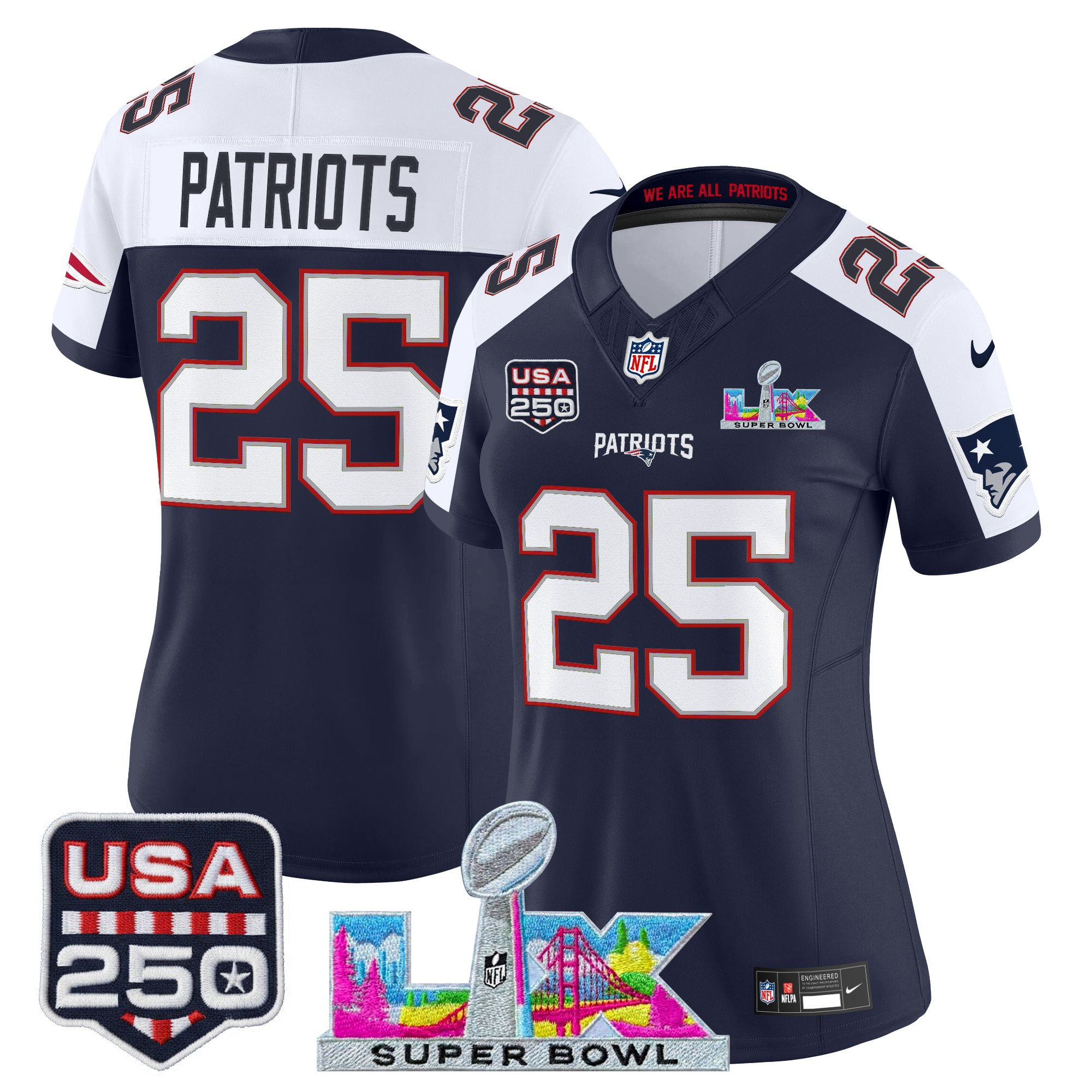 Women's New England Patriots "Super Bowl LX & United States 250th Anniversary Patch" Vapor Limited Jersey - All Stitched - Image 44