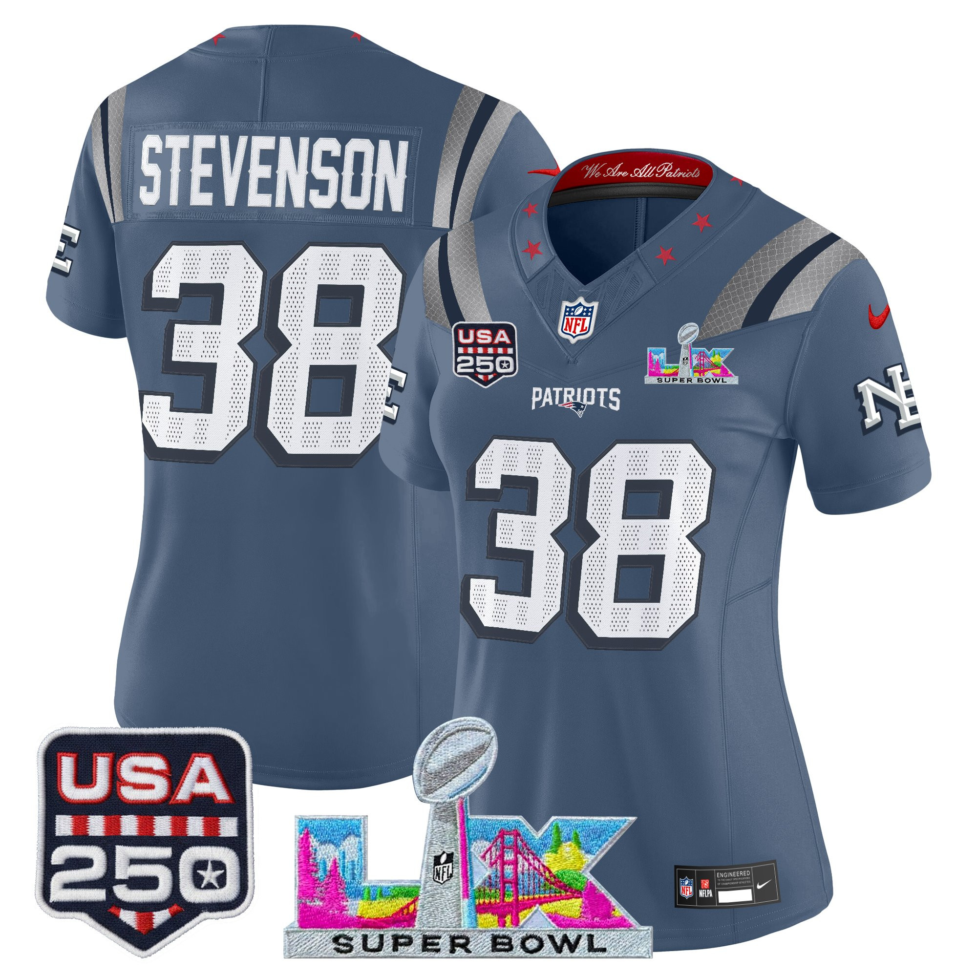 Women's New England Patriots "Super Bowl LX & United States 250th Anniversary Patch" Vapor Limited Jersey - All Stitched - Image 18