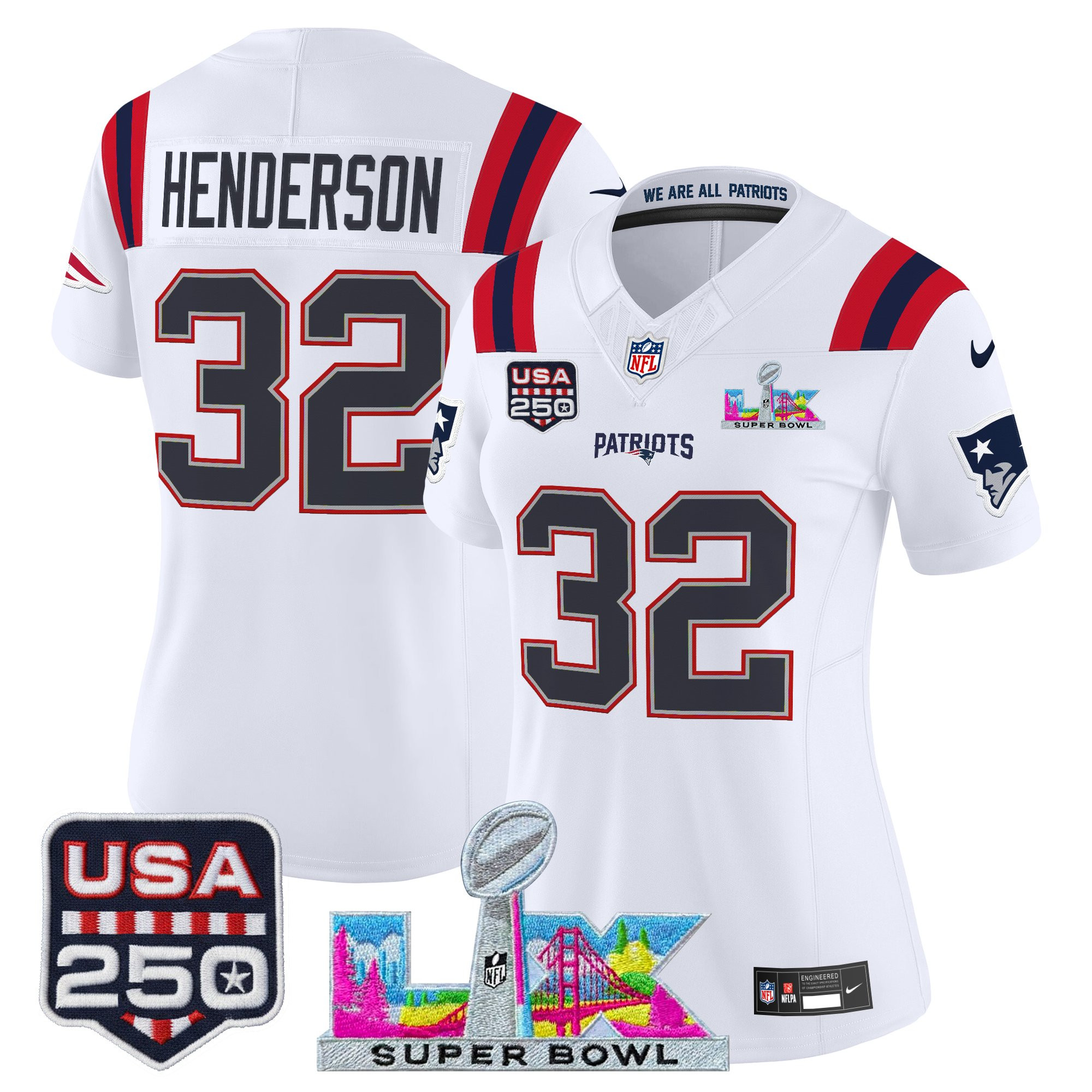 Women's New England Patriots "Super Bowl LX & United States 250th Anniversary Patch" Vapor Limited Jersey - All Stitched - Image 7
