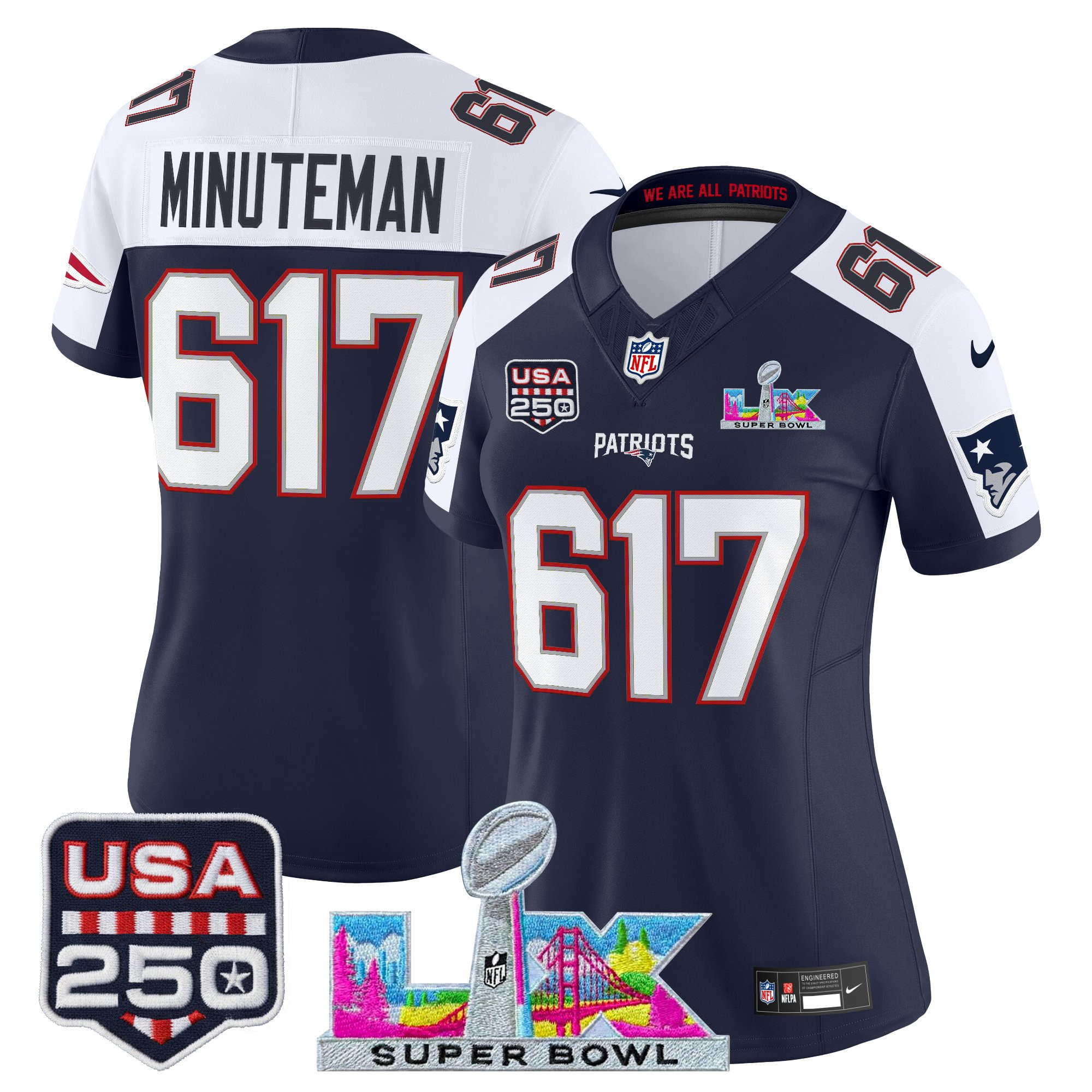 Women's New England Patriots "Super Bowl LX & United States 250th Anniversary Patch" Vapor Limited Jersey - All Stitched - Image 43