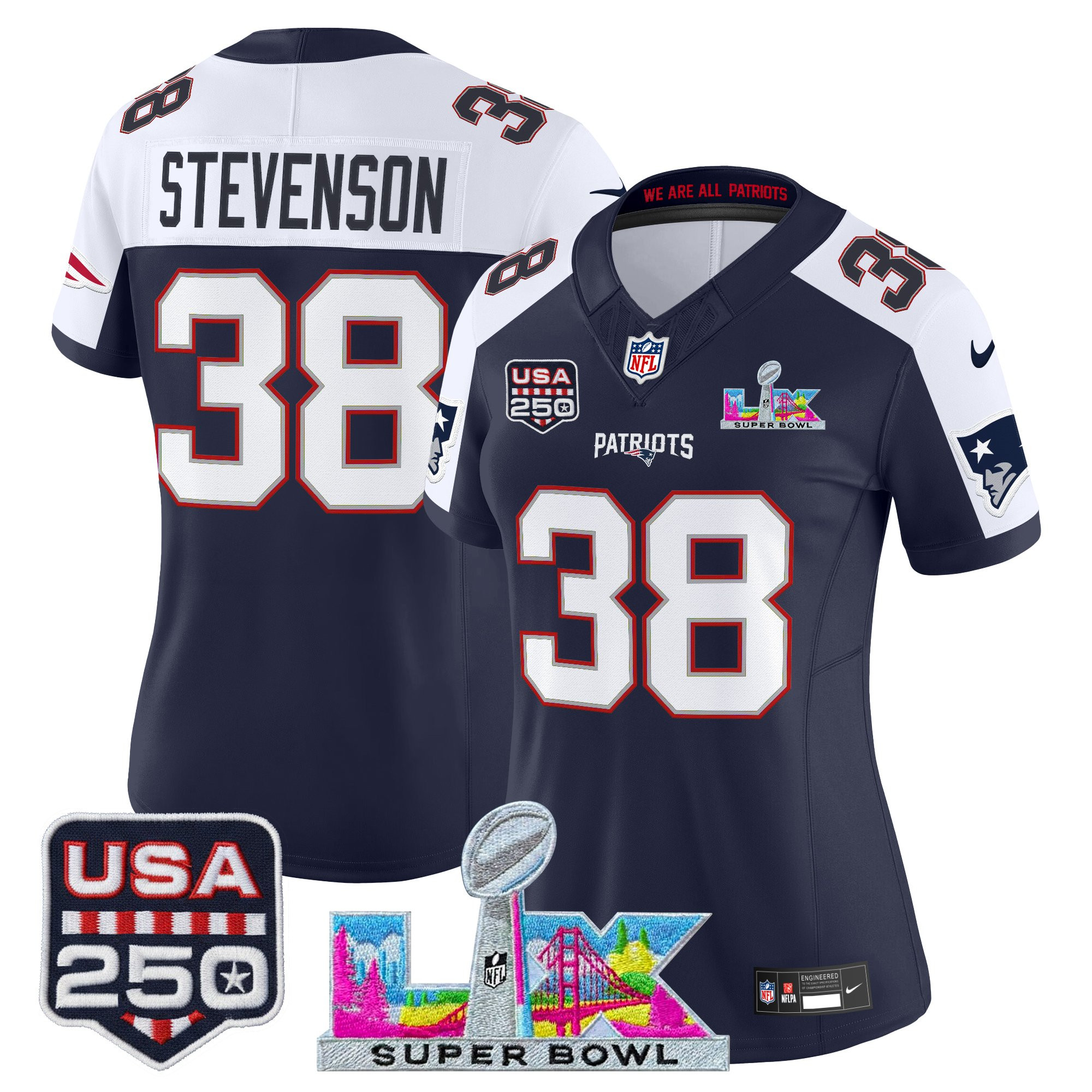 Women's New England Patriots "Super Bowl LX & United States 250th Anniversary Patch" Vapor Limited Jersey - All Stitched - Image 48