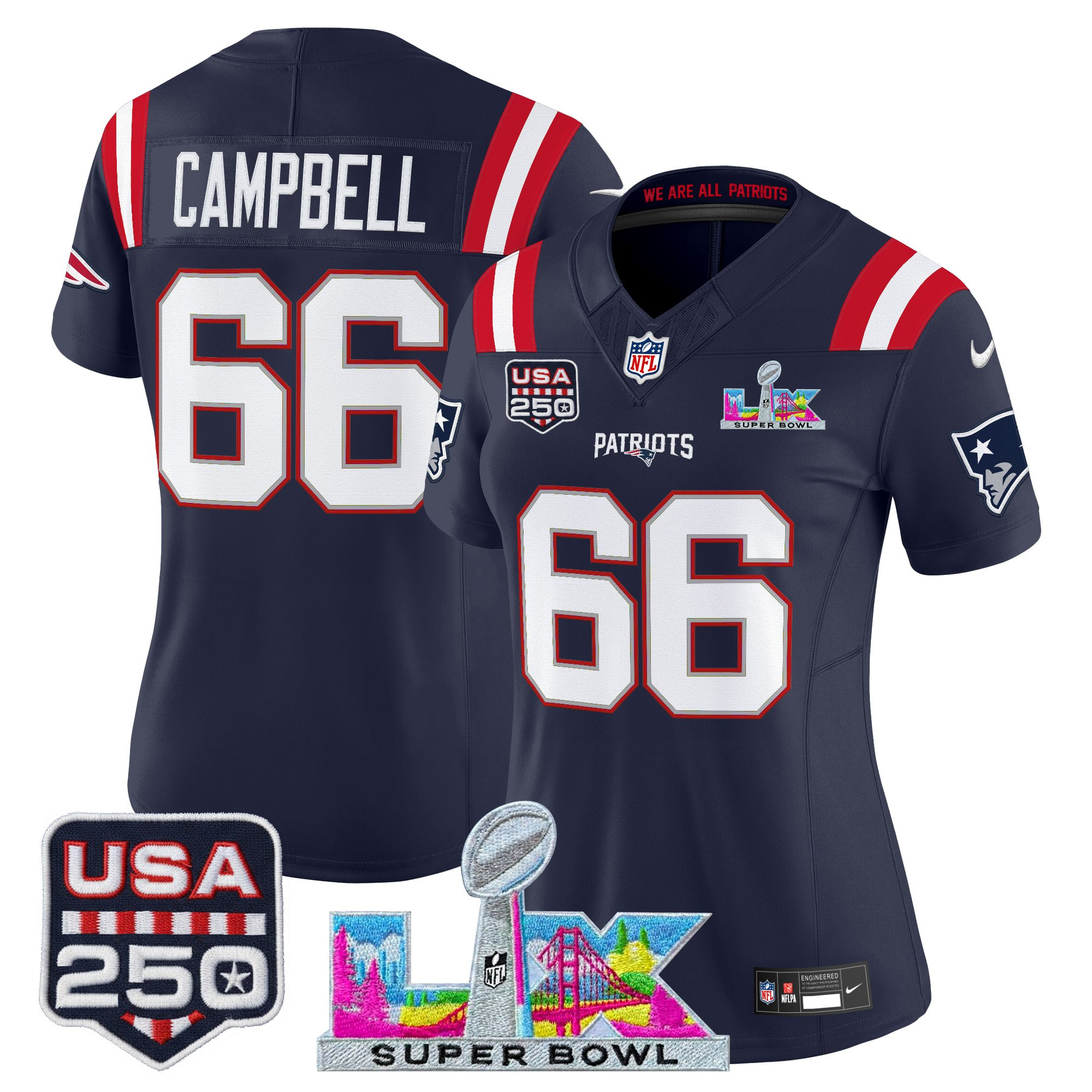 Women's New England Patriots "Super Bowl LX & United States 250th Anniversary Patch" Vapor Limited Jersey - All Stitched - Image 30