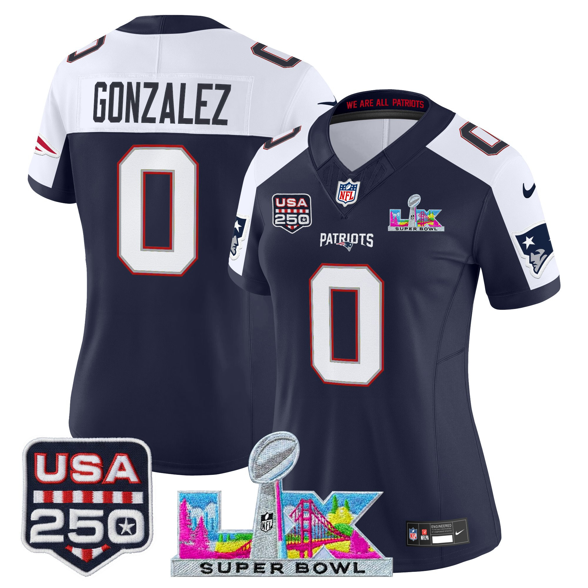 Women's New England Patriots "Super Bowl LX & United States 250th Anniversary Patch" Vapor Limited Jersey - All Stitched - Image 49