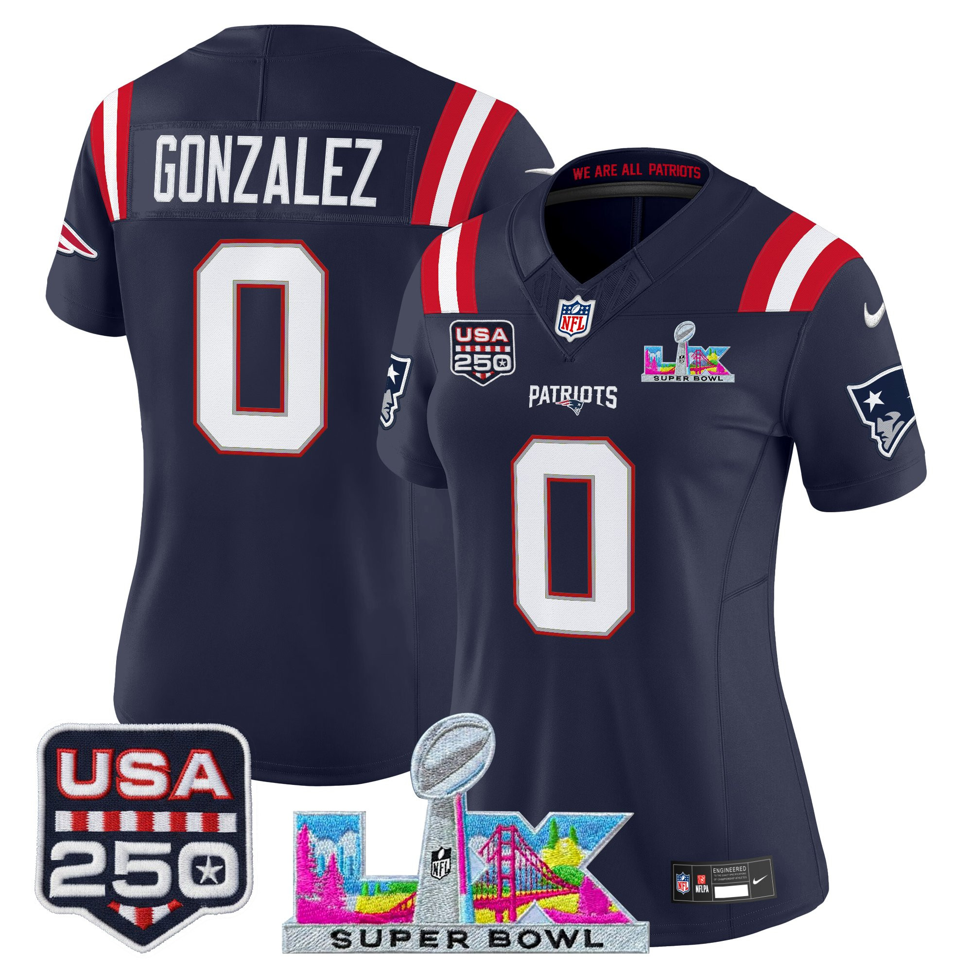 Women's New England Patriots "Super Bowl LX & United States 250th Anniversary Patch" Vapor Limited Jersey - All Stitched - Image 29