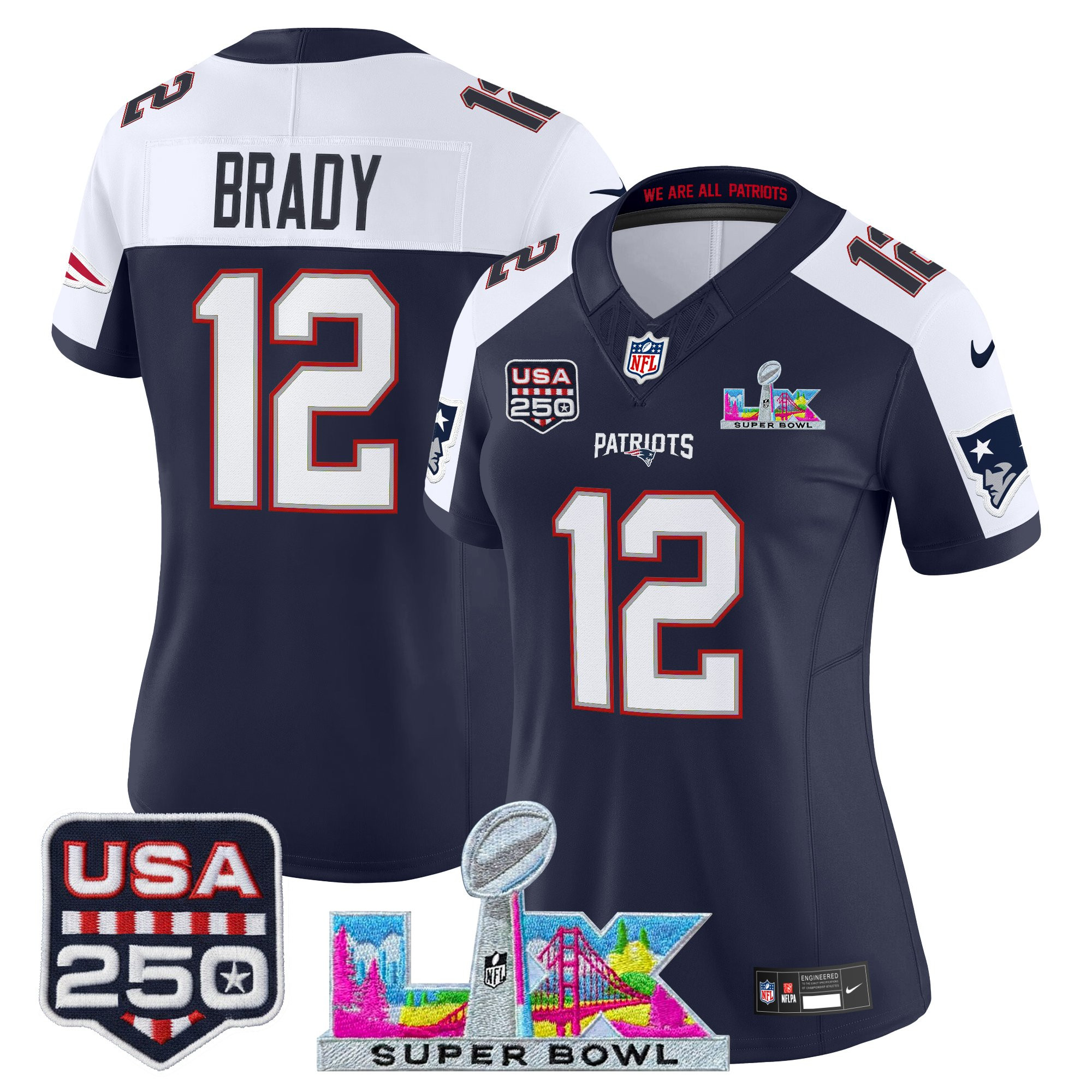Women's New England Patriots "Super Bowl LX & United States 250th Anniversary Patch" Vapor Limited Jersey - All Stitched - Image 46