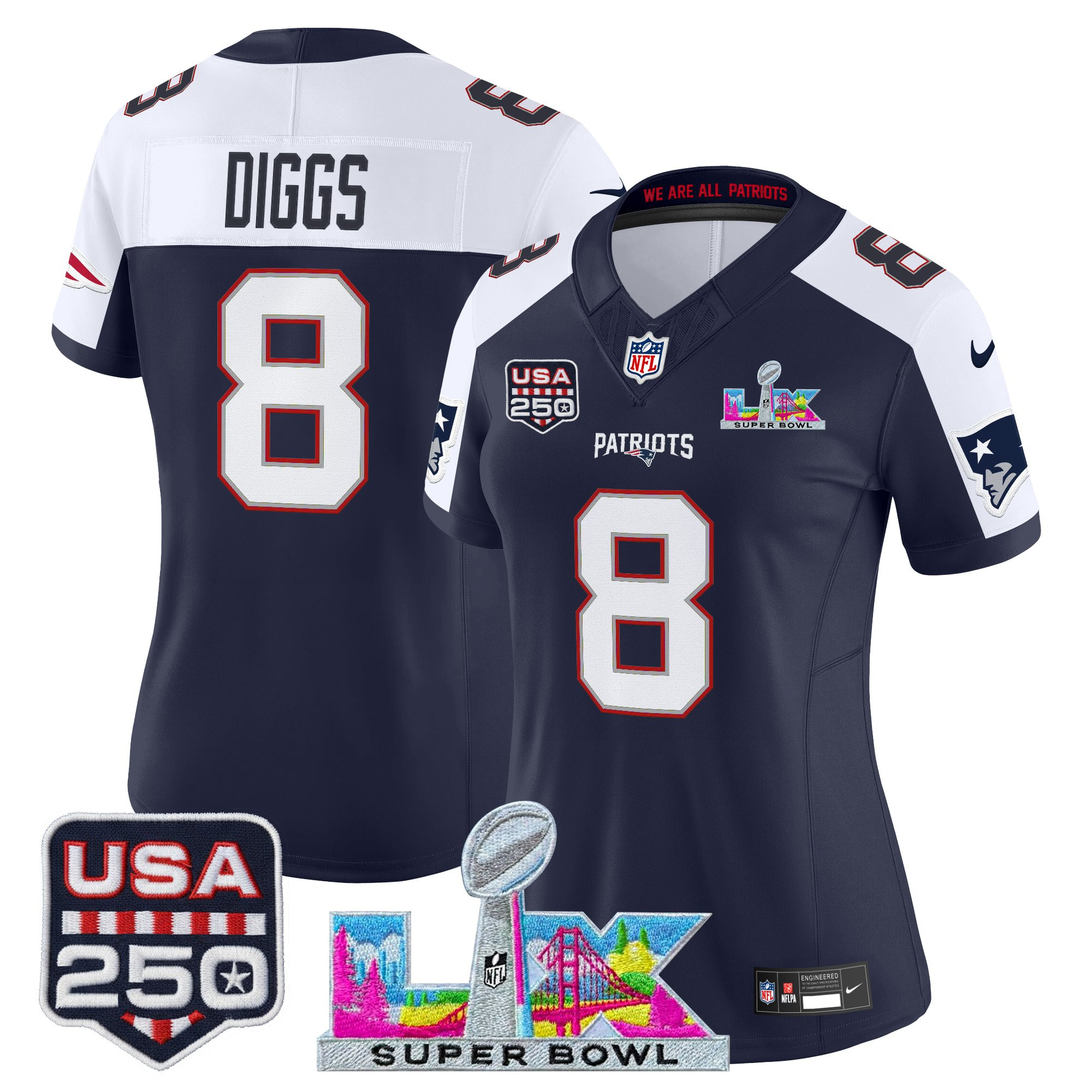 Women's New England Patriots "Super Bowl LX & United States 250th Anniversary Patch" Vapor Limited Jersey - All Stitched - Image 45