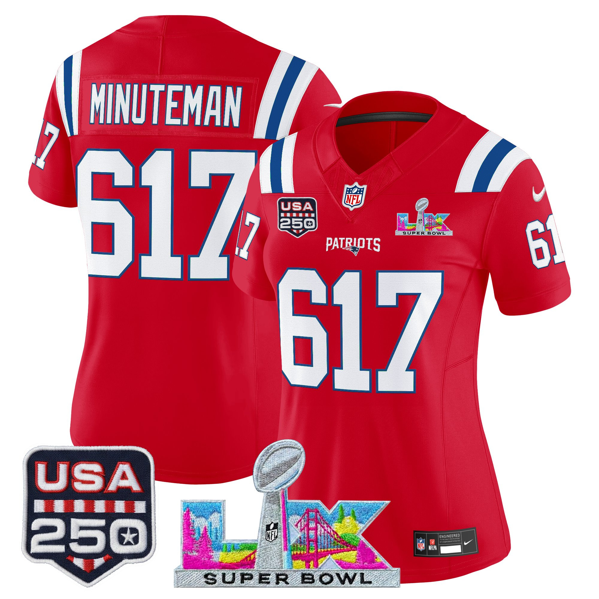 Women's New England Patriots "Super Bowl LX & United States 250th Anniversary Patch" Vapor Limited Jersey - All Stitched - Image 33