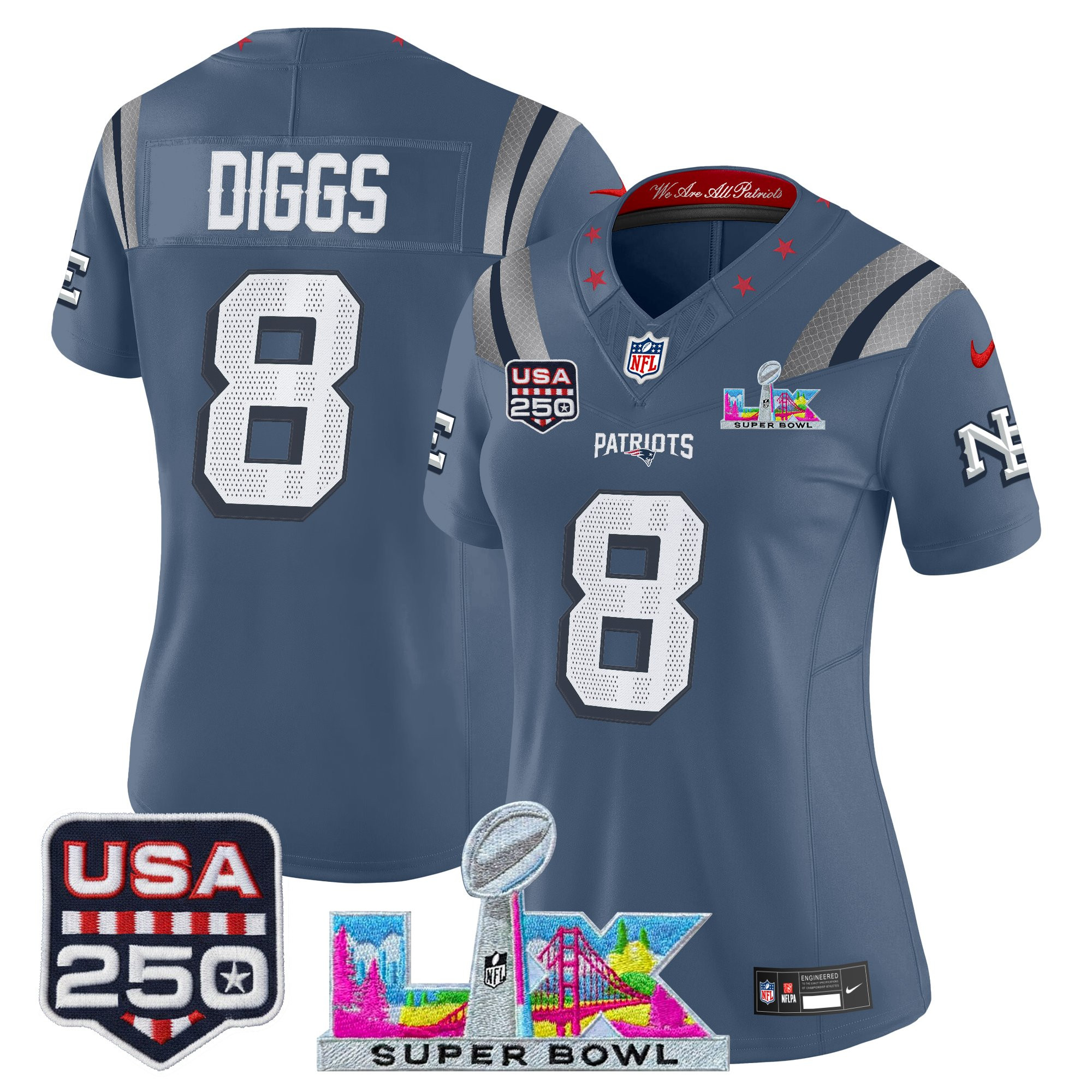 Women's New England Patriots "Super Bowl LX & United States 250th Anniversary Patch" Vapor Limited Jersey - All Stitched - Image 15