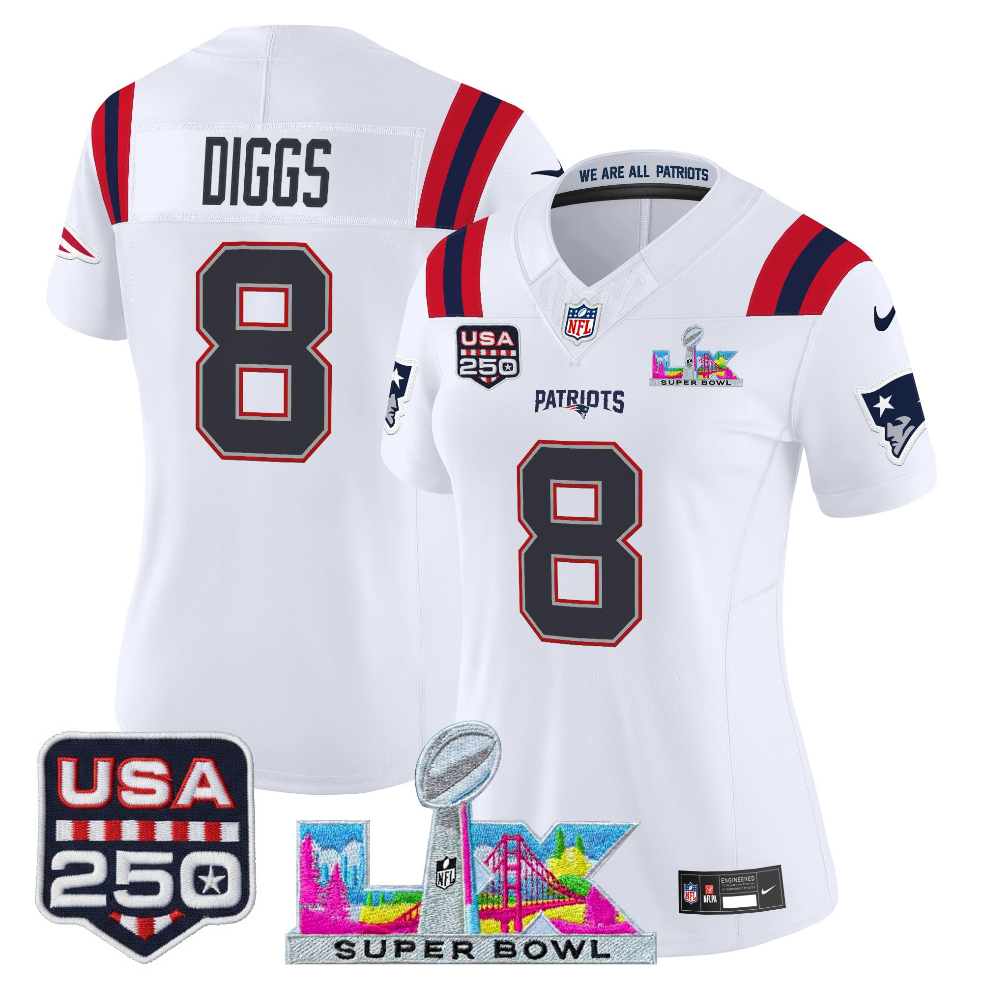 Women's New England Patriots "Super Bowl LX & United States 250th Anniversary Patch" Vapor Limited Jersey - All Stitched - Image 5