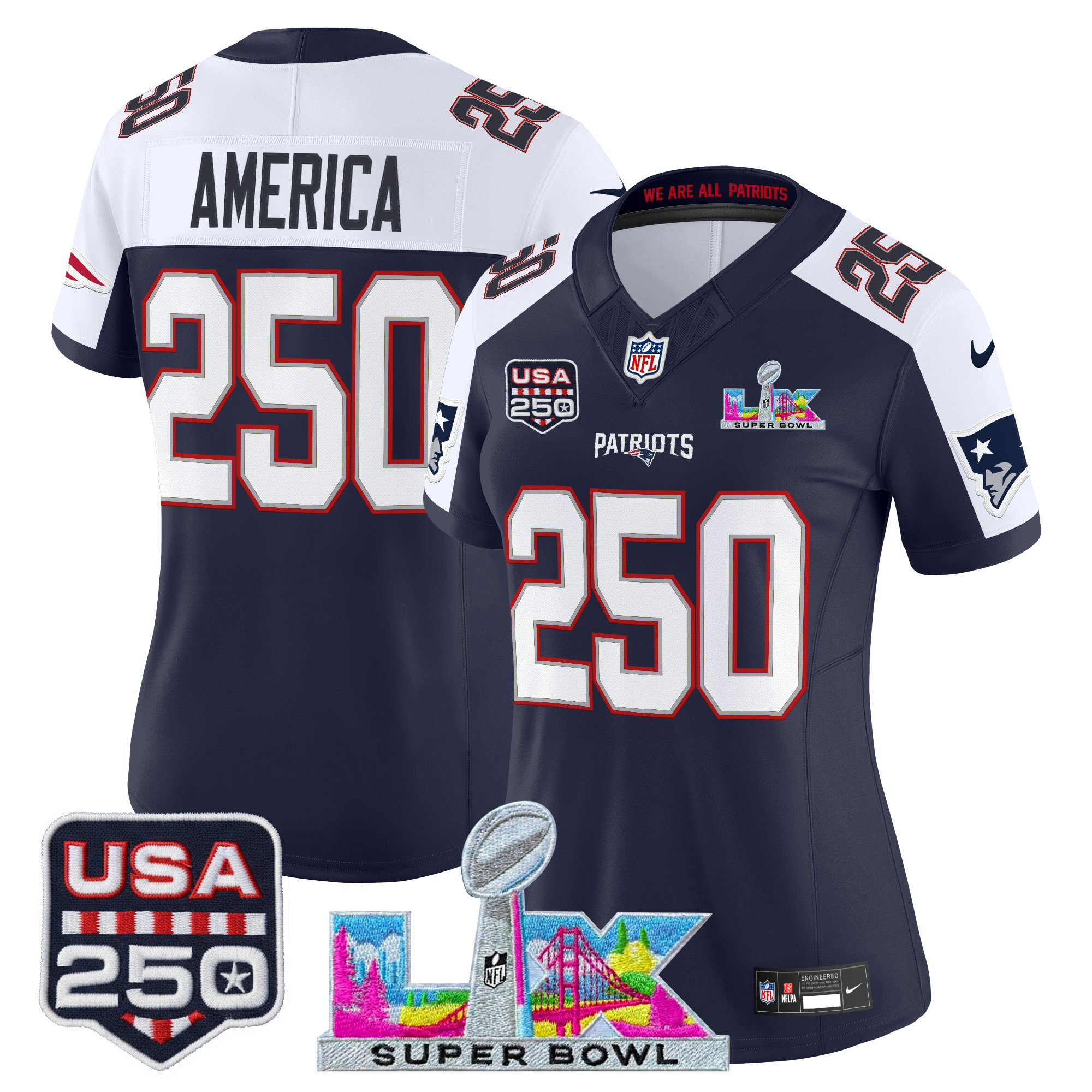 Women's New England Patriots "Super Bowl LX & United States 250th Anniversary Patch" Vapor Limited Jersey - All Stitched - Image 42