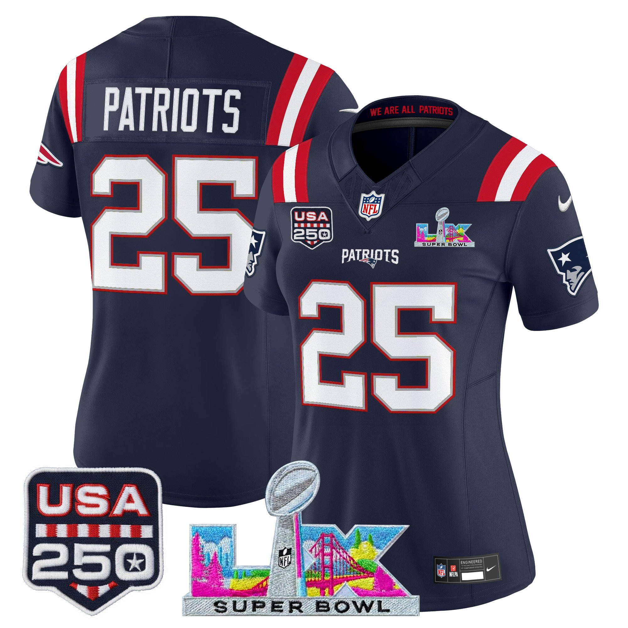 Women's New England Patriots "Super Bowl LX & United States 250th Anniversary Patch" Vapor Limited Jersey - All Stitched - Image 24