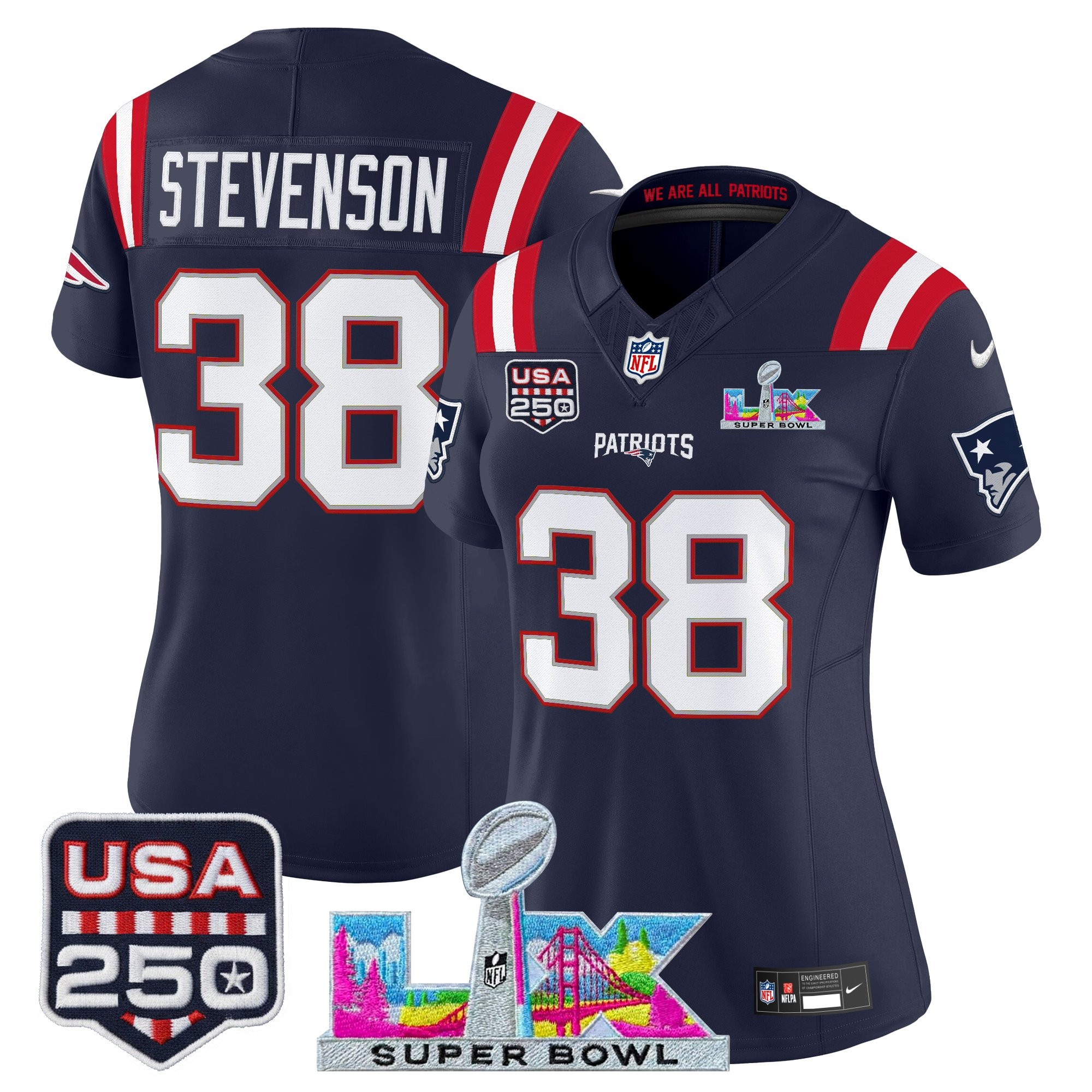 Women's New England Patriots "Super Bowl LX & United States 250th Anniversary Patch" Vapor Limited Jersey - All Stitched - Image 28