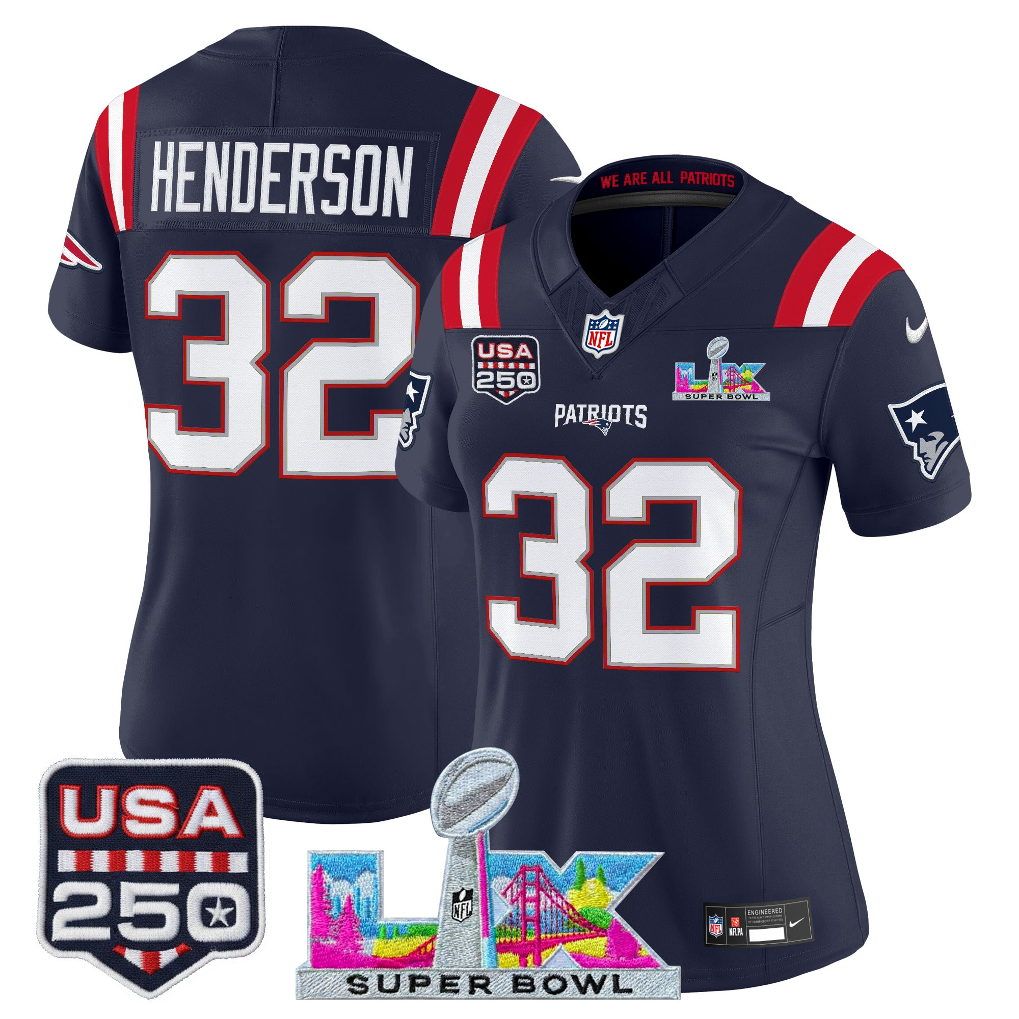 Women's New England Patriots "Super Bowl LX & United States 250th Anniversary Patch" Vapor Limited Jersey - All Stitched - Image 27