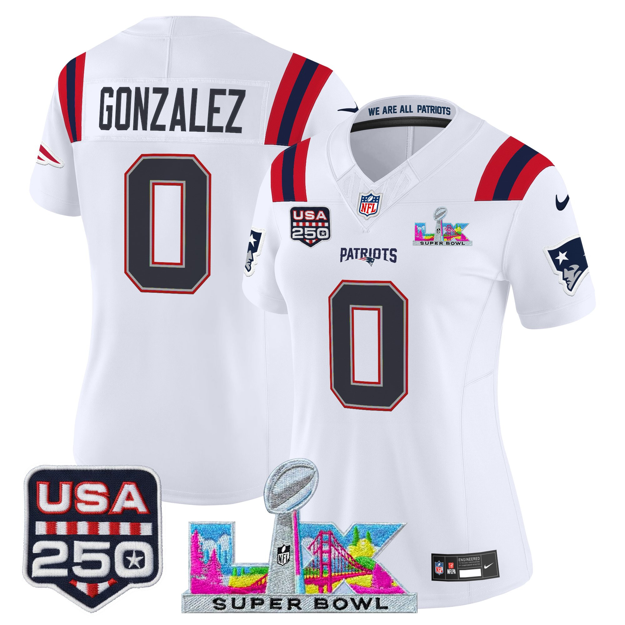 Women's New England Patriots "Super Bowl LX & United States 250th Anniversary Patch" Vapor Limited Jersey - All Stitched - Image 9